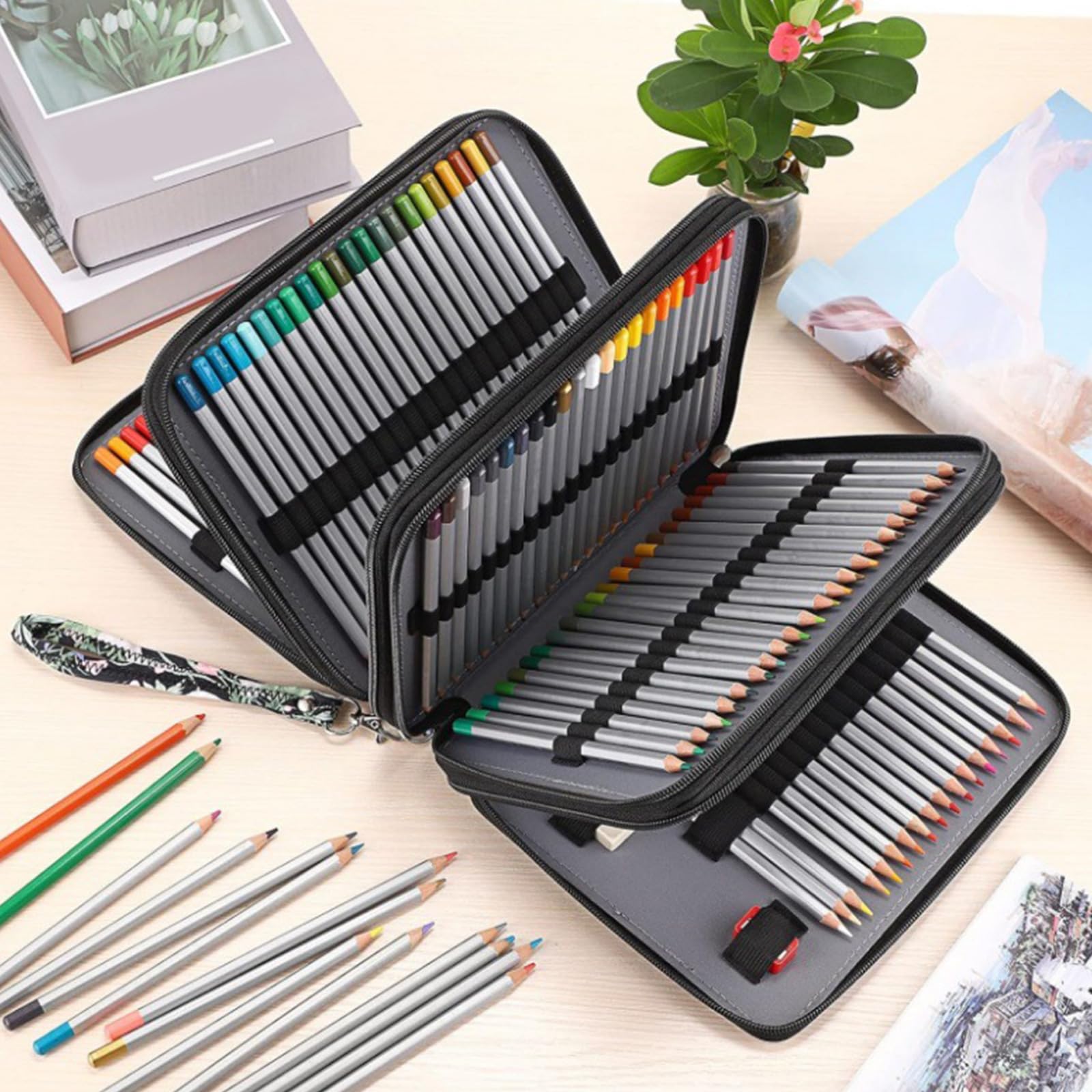 Astucci per penne multifunzionali Astuccio per matite colorate da 168 slot con manico Astuccio da viaggio Custodia per organizer con cinturino
