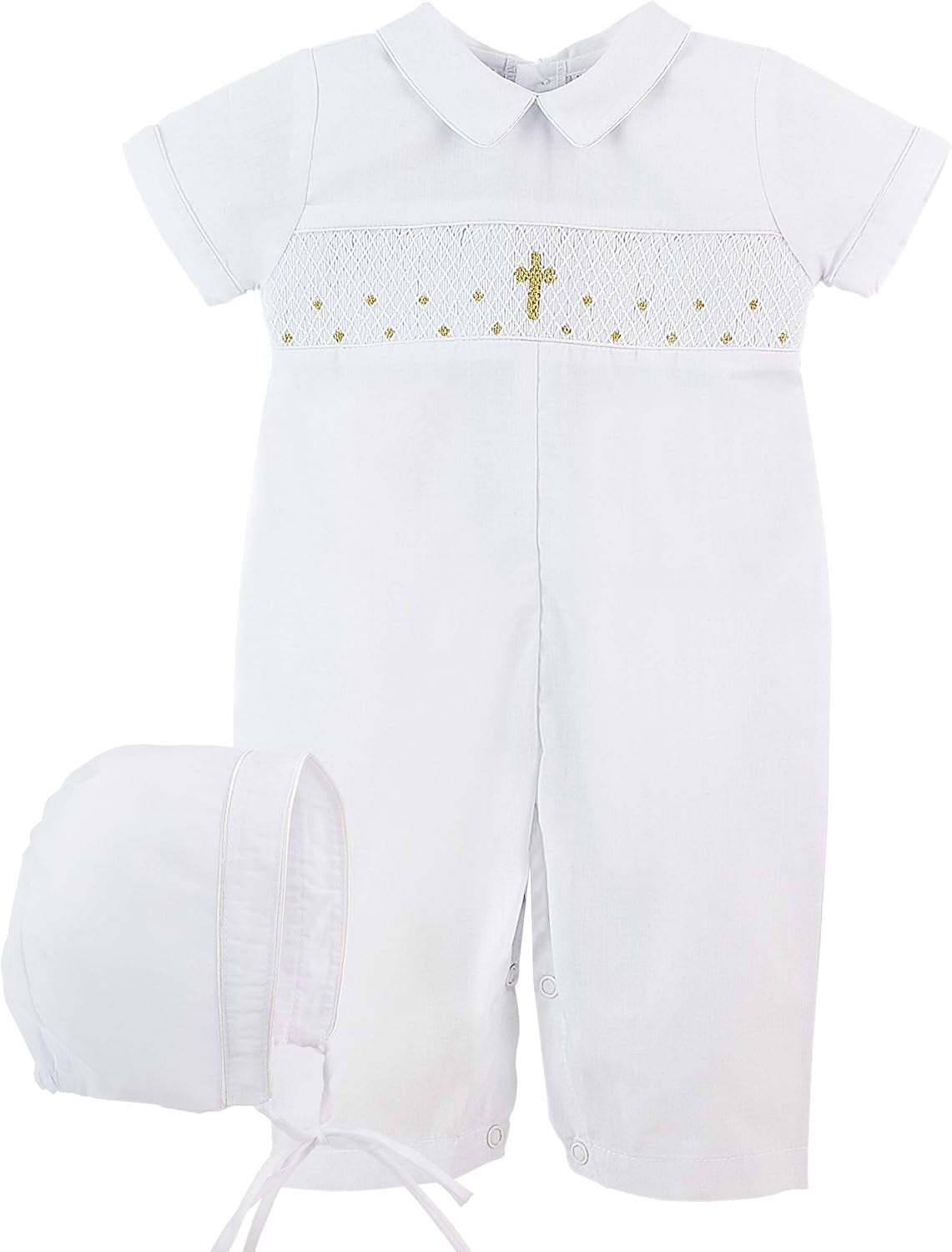 Carriage Boutique Baptism Outfits for Boys - Elegant Longall with Bonnet Featuring Hand Smocked Gold Cross Design