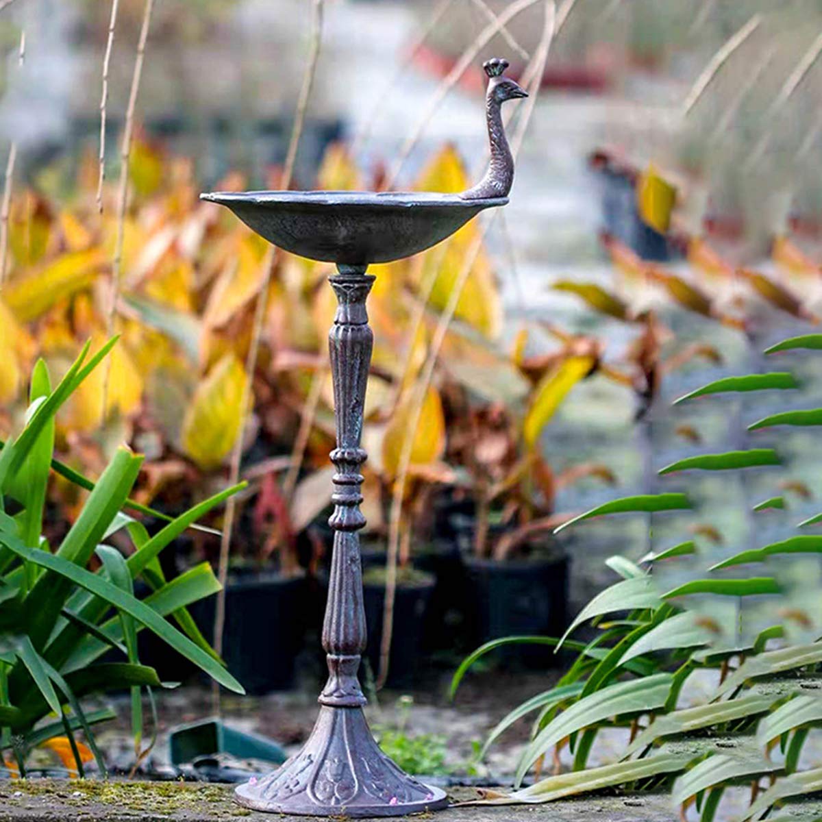 TentHome - Comedero y Bebedero para Pájaros en Forma de Pavo Real, Hierro Fundido, para Baño de Pájaros, Jardín Exterior, Marrón Envejecido