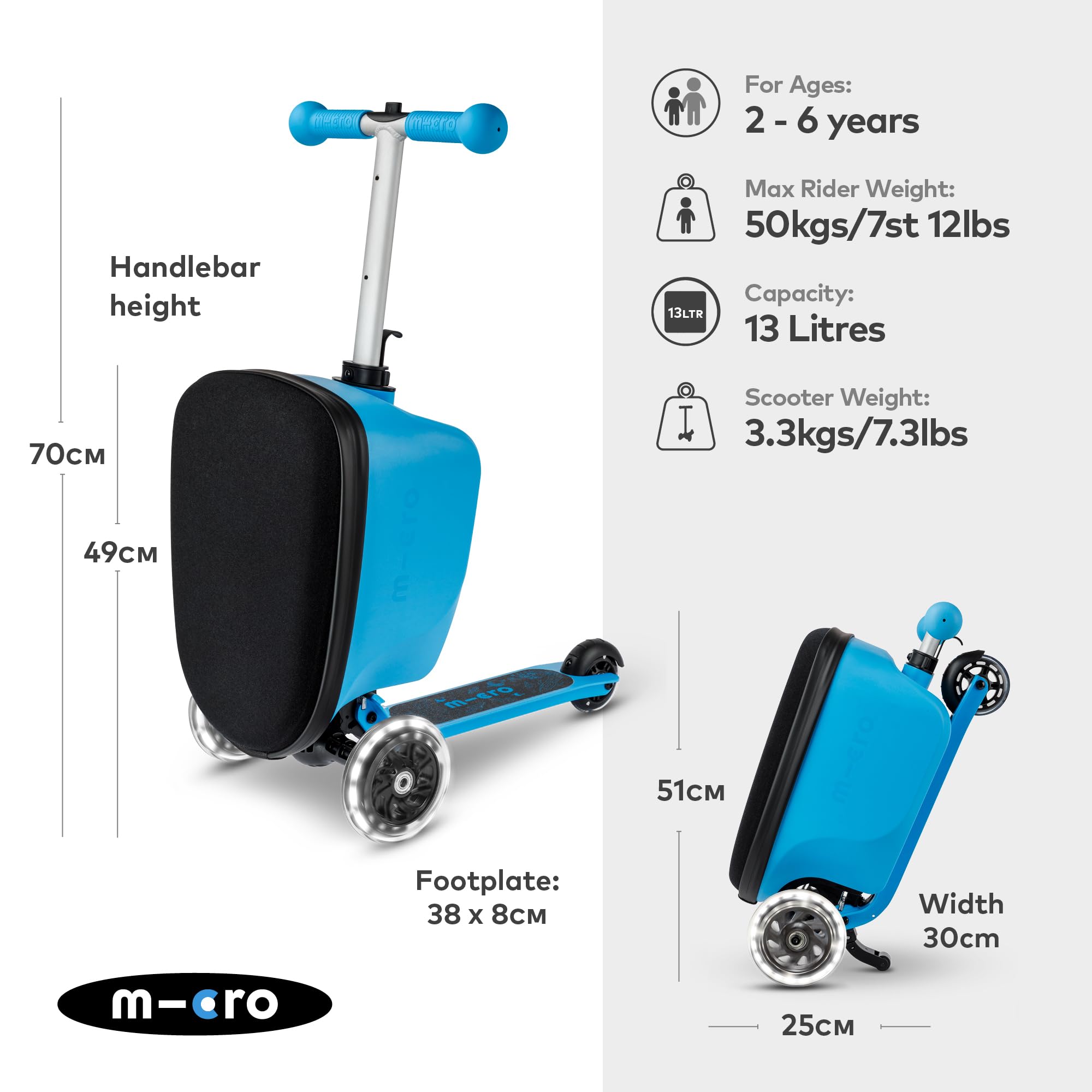 Micro™ Luggage junior Patch & Play wózek dziecięcy z hulajnogą | regulowana wysokość i składana | walizka podróżna | bagaż podręczny dla dzieci | walizka, wózek i hulajnoga w wieku od 3 lat