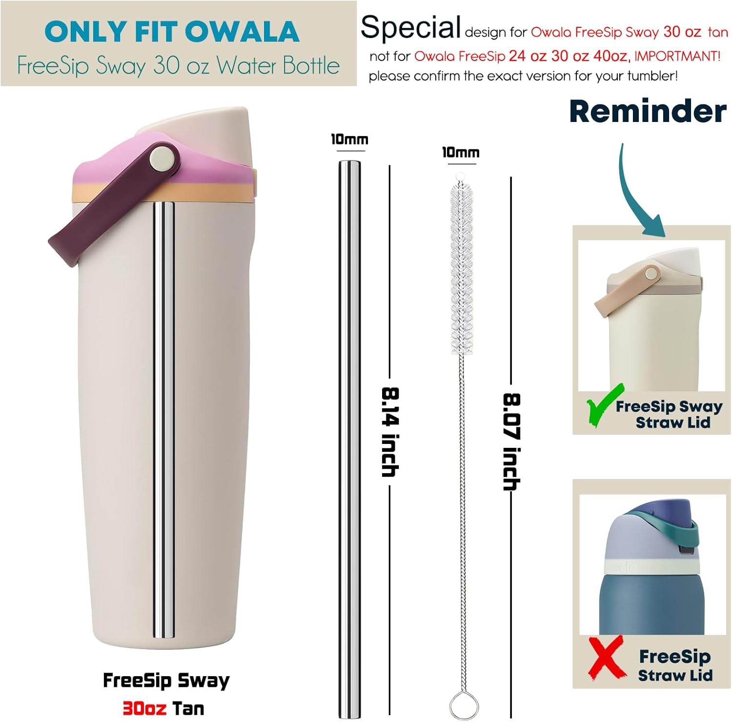 ALINK Stainless Steel Straws for Owala FreeSip Sway 30oz Water Bottle, 6 Pack Reusable Metal Replacement Straws for Owala Sway Lid Only, With 2 Straw Brush - Image 2