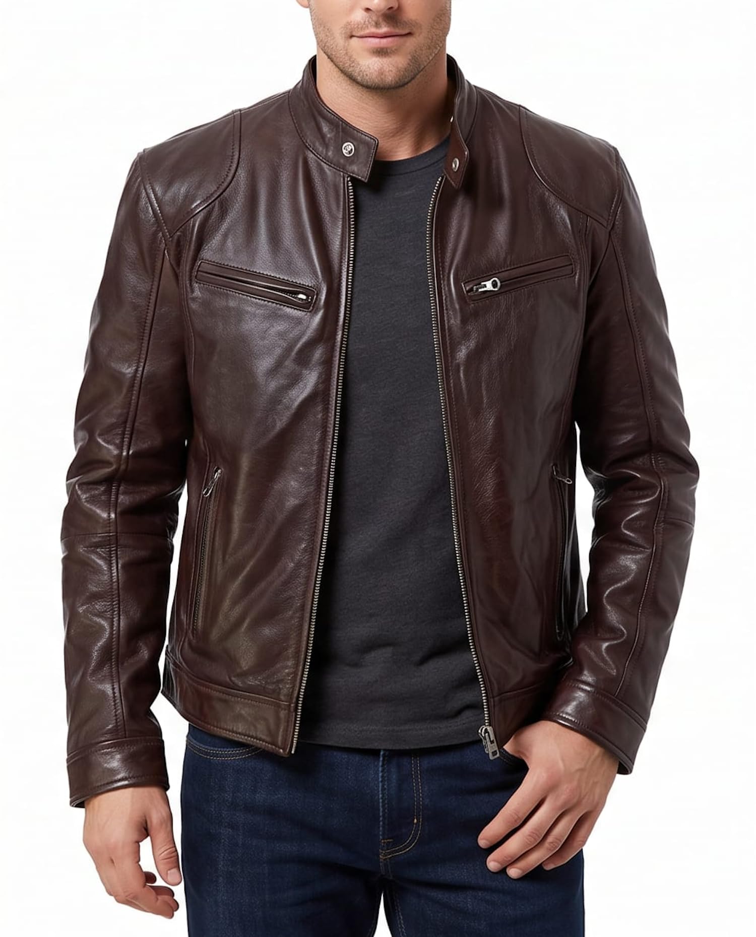 Mens Genuine Leather Jacket Cowhide Motorbike Motorcycle Moto-Jacket Real Leather Black/Brown, Brown (Ar-1), S-image-22