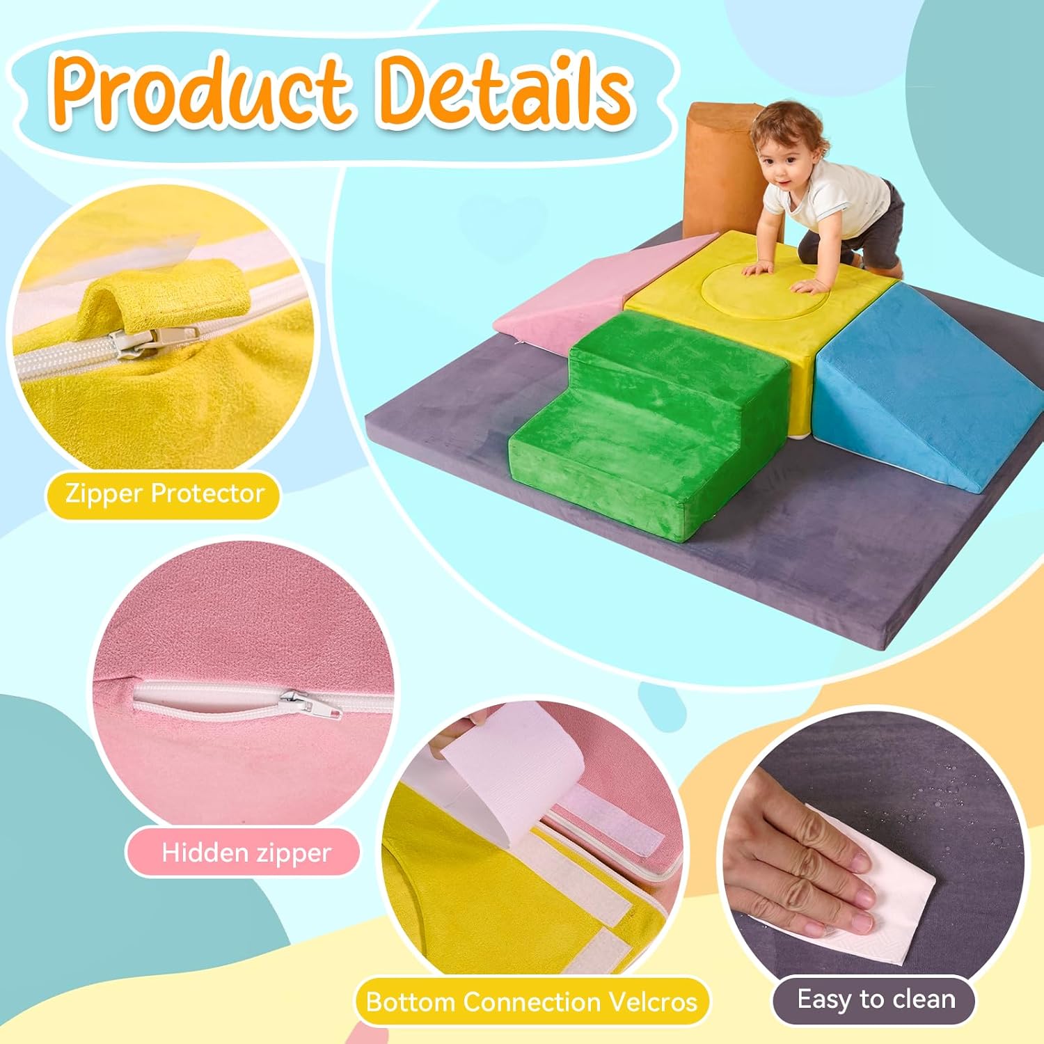 Foam Climbing Blocks for Toddlers with 47"x47'' Crawling Play Mat,7-Piece Soft Play Set for Babies,Kids Climbing Toys Indoor,Crawling,Sliding & Building in Playroom & Daycare,Gray & Multicolor