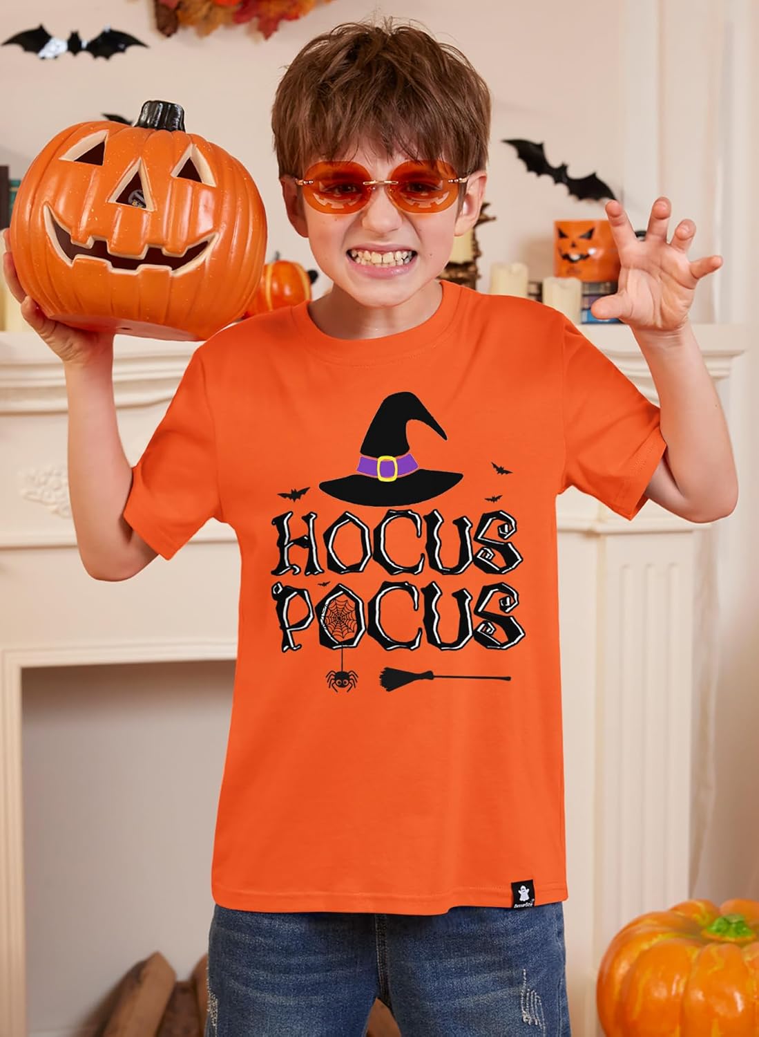 BesserBay Kid Girls Hocus Pocus Orange Tshirt Halloween Funny Witch Hat Tee 9-10 Years - Image 3