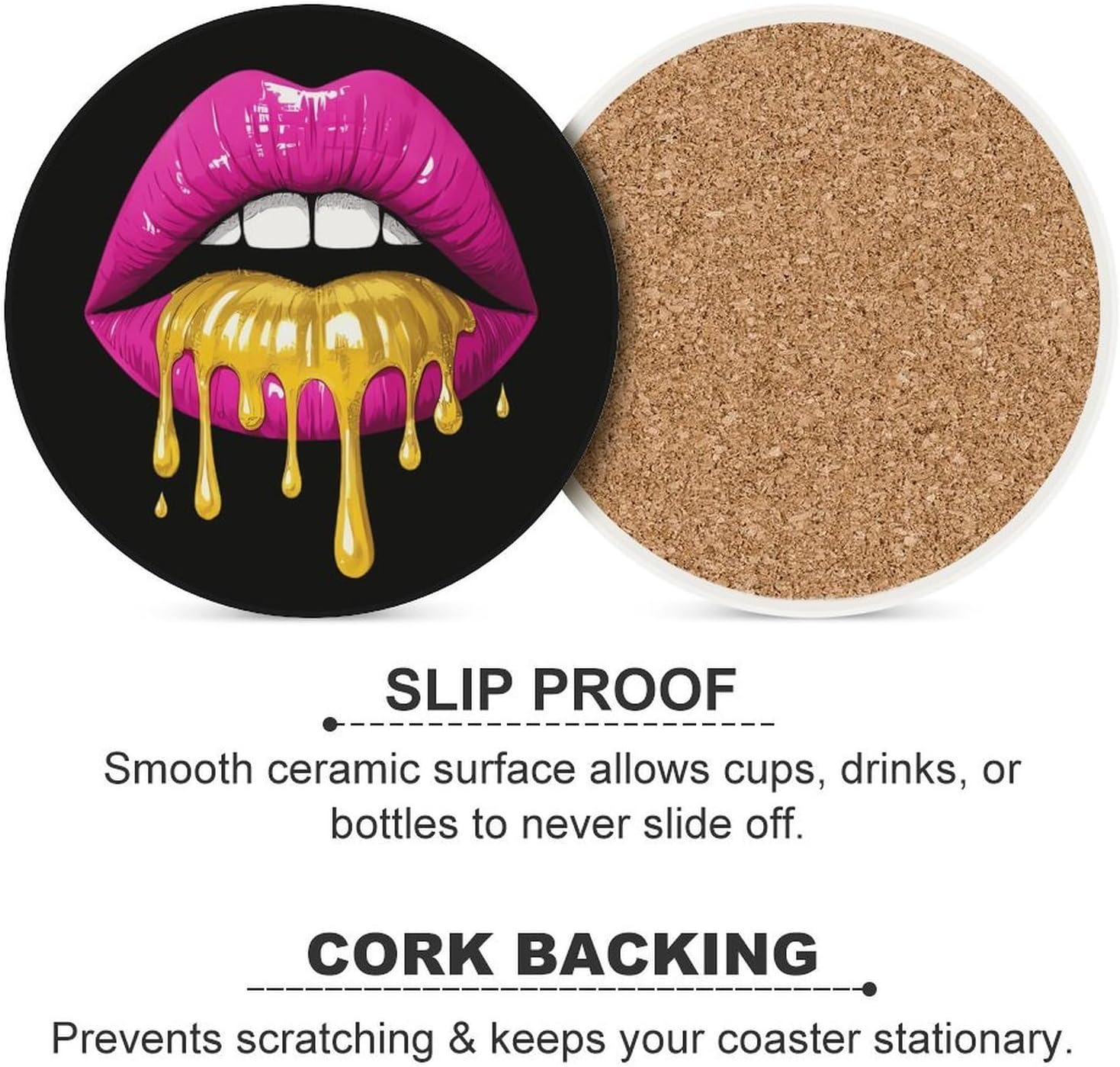 Lip Golden Drip Funny Round Ceramic Coasters for Drink Absorbent Cup Holders Tabletop Protection