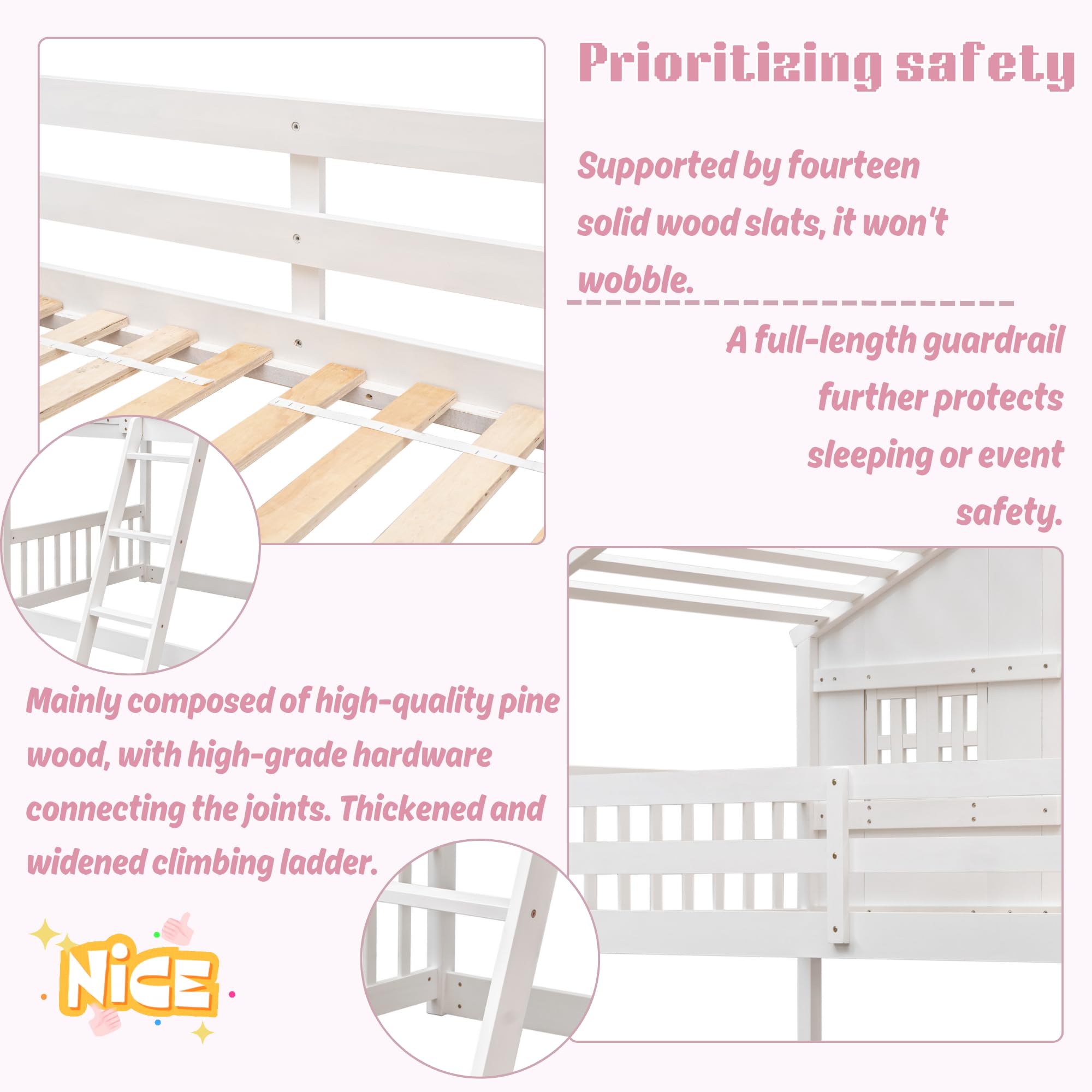 MERITLINE Twin Over Twin House Bunk Bed, Wood Floor Bunk Bed Frame with ...