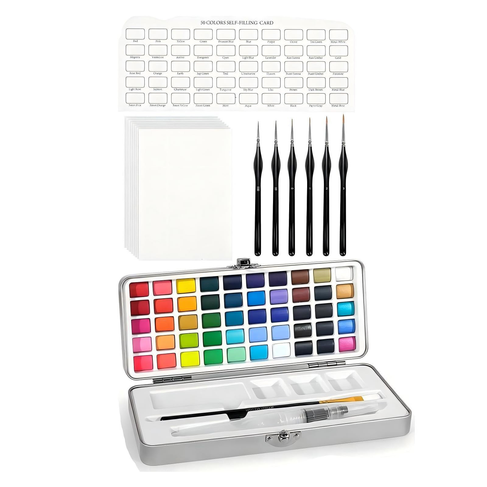Set di pittura ad acquerello con 50 colori, latta di metallo e strumenti a pennello per pratica artistica domestica, schizzi di viaggio e pittura all'aperto