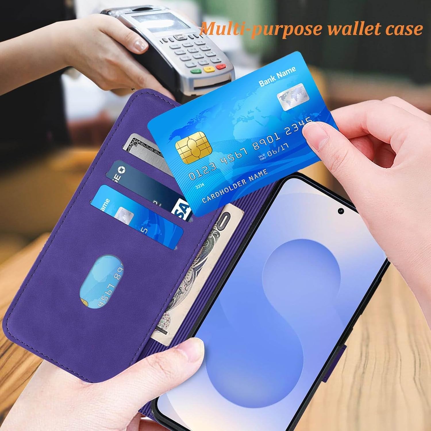 for Samsung Galaxy S25 Case/S24 Case Wallet, Card Holder Slots, Wrist Strap, TPU Interior Protective, Stand PU Leather, Folio Flip Cover (Purple) - Image 2