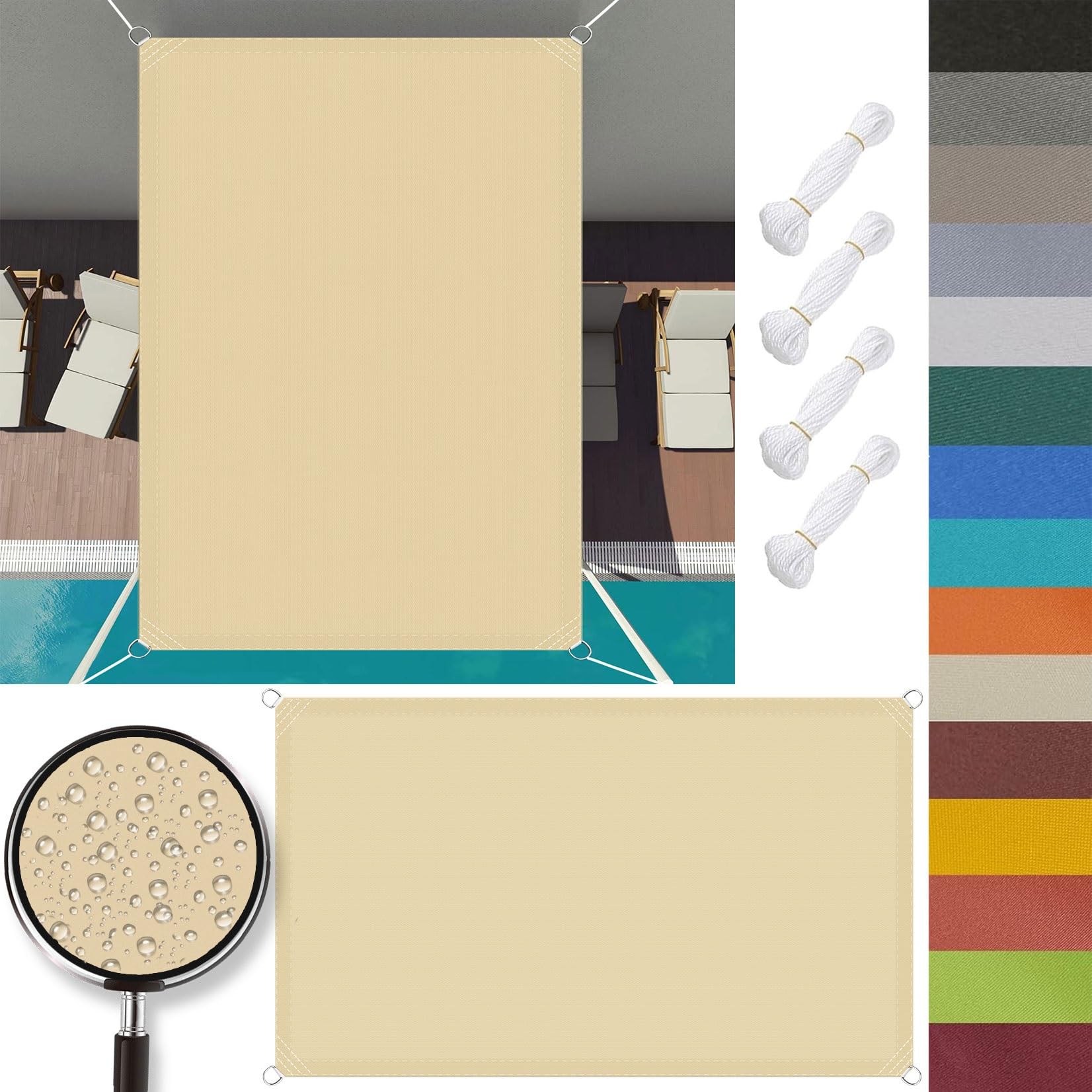 Toile d'ombre rectangulaire 5x8.5m crème filet anti-chaleur et coupe-vent patio