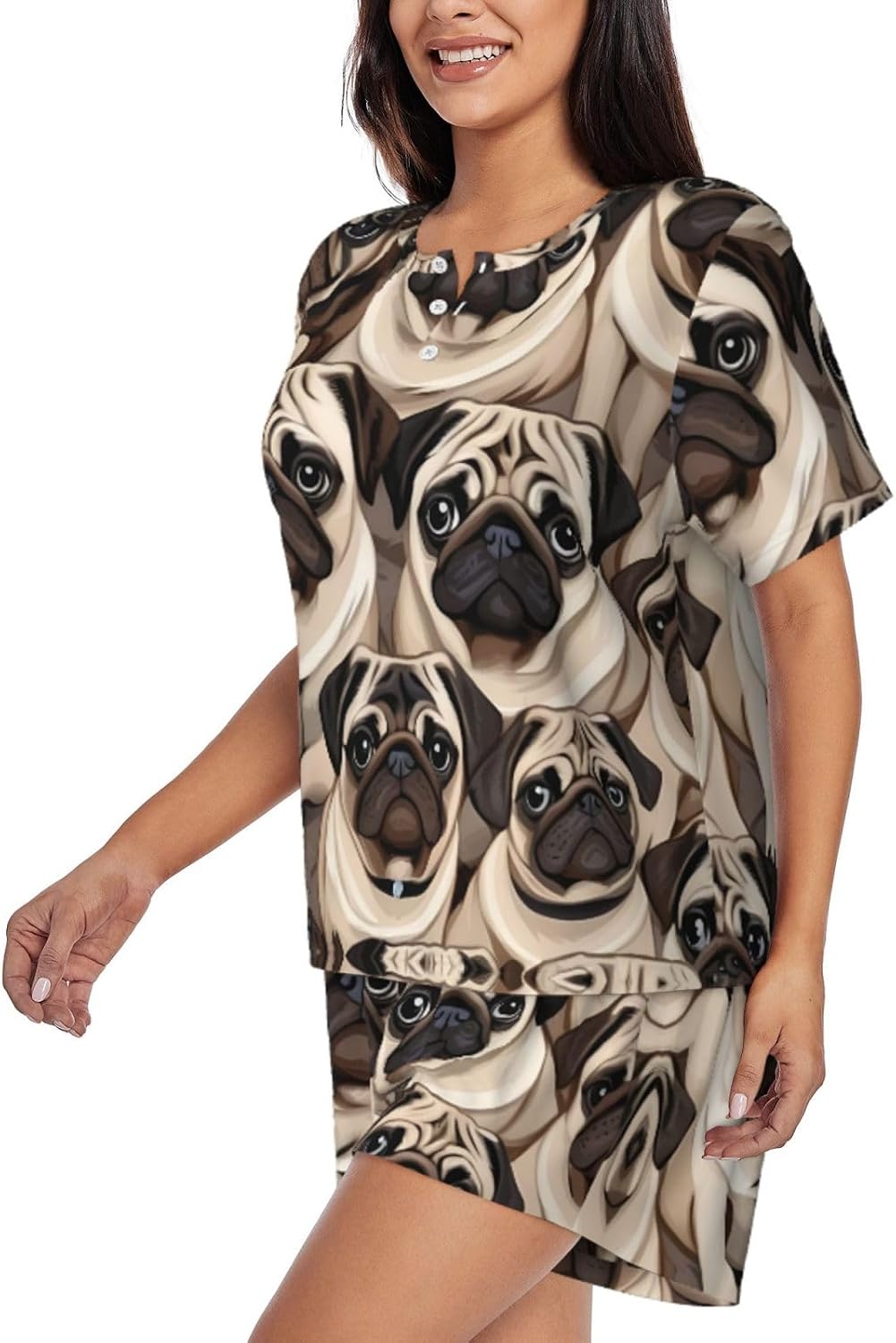 Funny Pug Pattern Print Two Piece Outfits For Women Lounge Sets Shorts Pajama Short Sleeve Nightwear Set