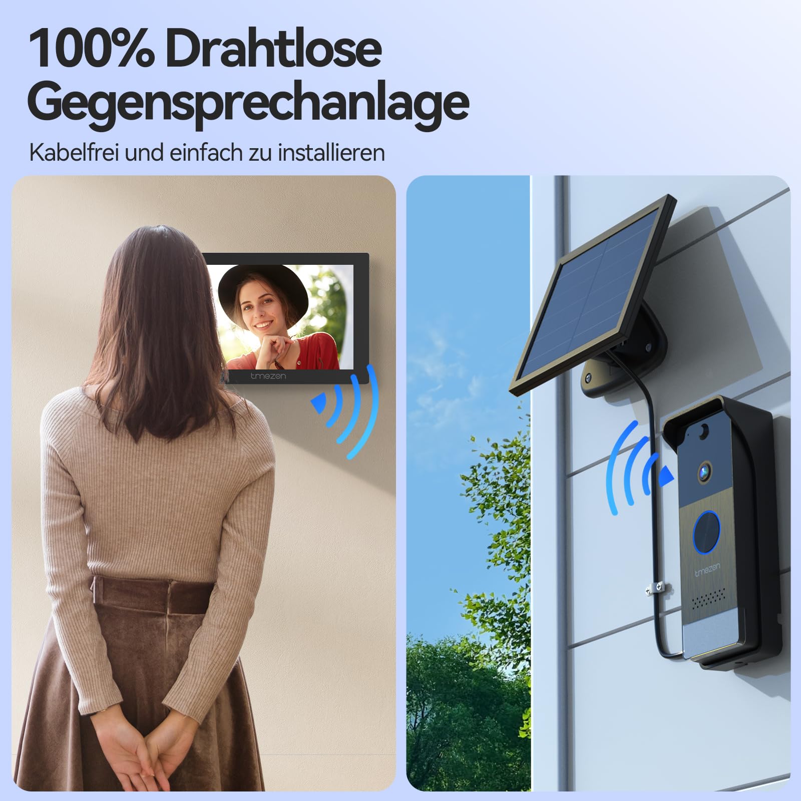 TMEZON WLAN Kabellose Video Türsprechanlage mit 7" Touchscreen, Türklingel mit Kamera & Solarbetrieb, 1080P HD, 160° Weitwinkel, Zwei-Wege-Audio, PIR-Bewegungserkennung, App-Steuerung,2,4/5GHz WiFi