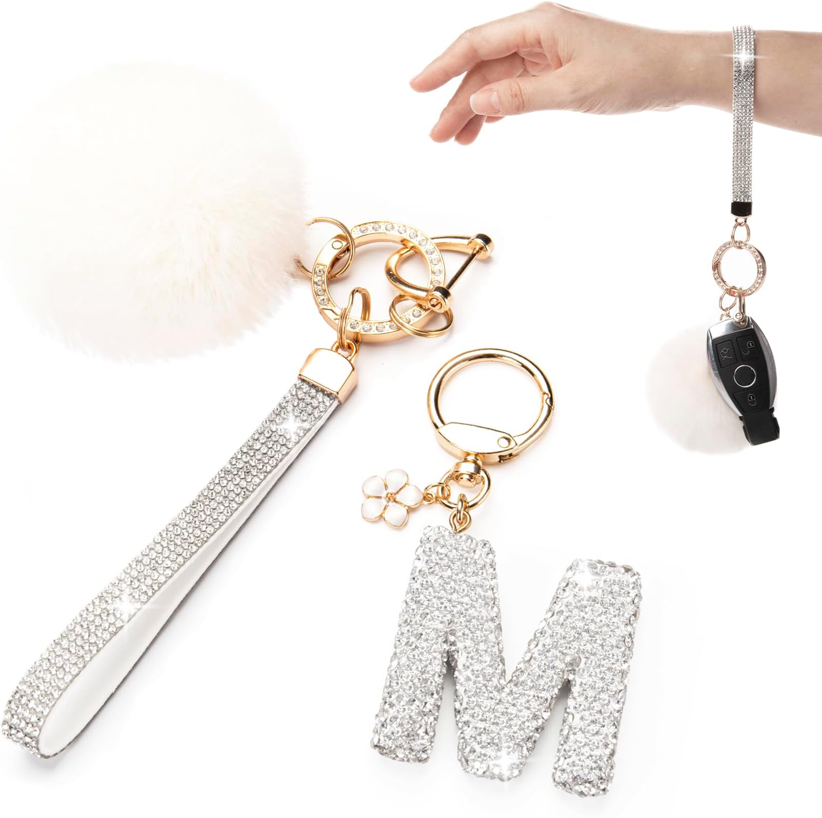 Initial Letter Keychain for Women Girl Bling Rhinestone Sparkly Bag Backpack Purse Charm Cute Pom Pom Key Chain Wristlet