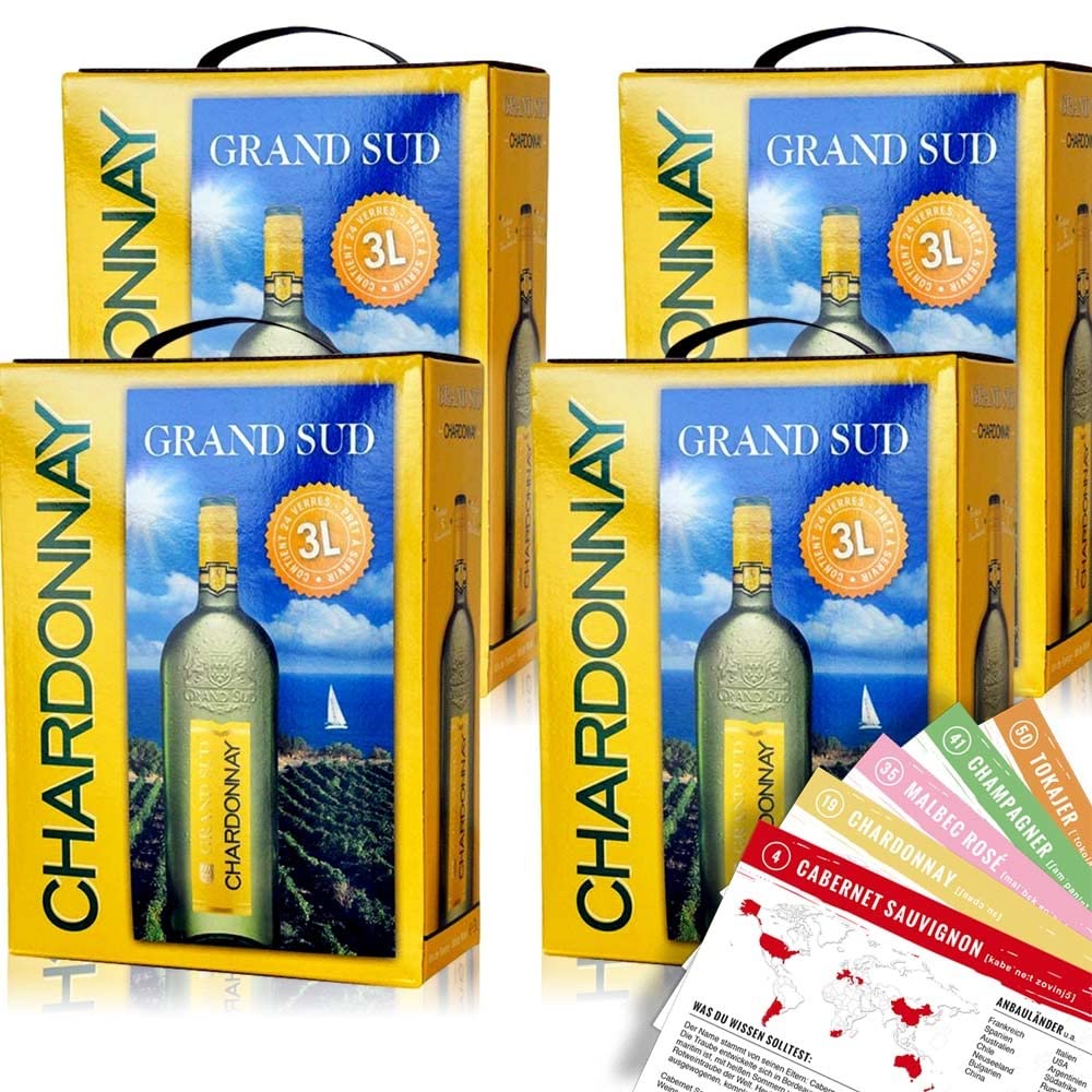 Grand Sud Chardonnay, trocken, Bag-in-Box, sortenreines Weinpaket + VINOX Winecards (4x3,0l)