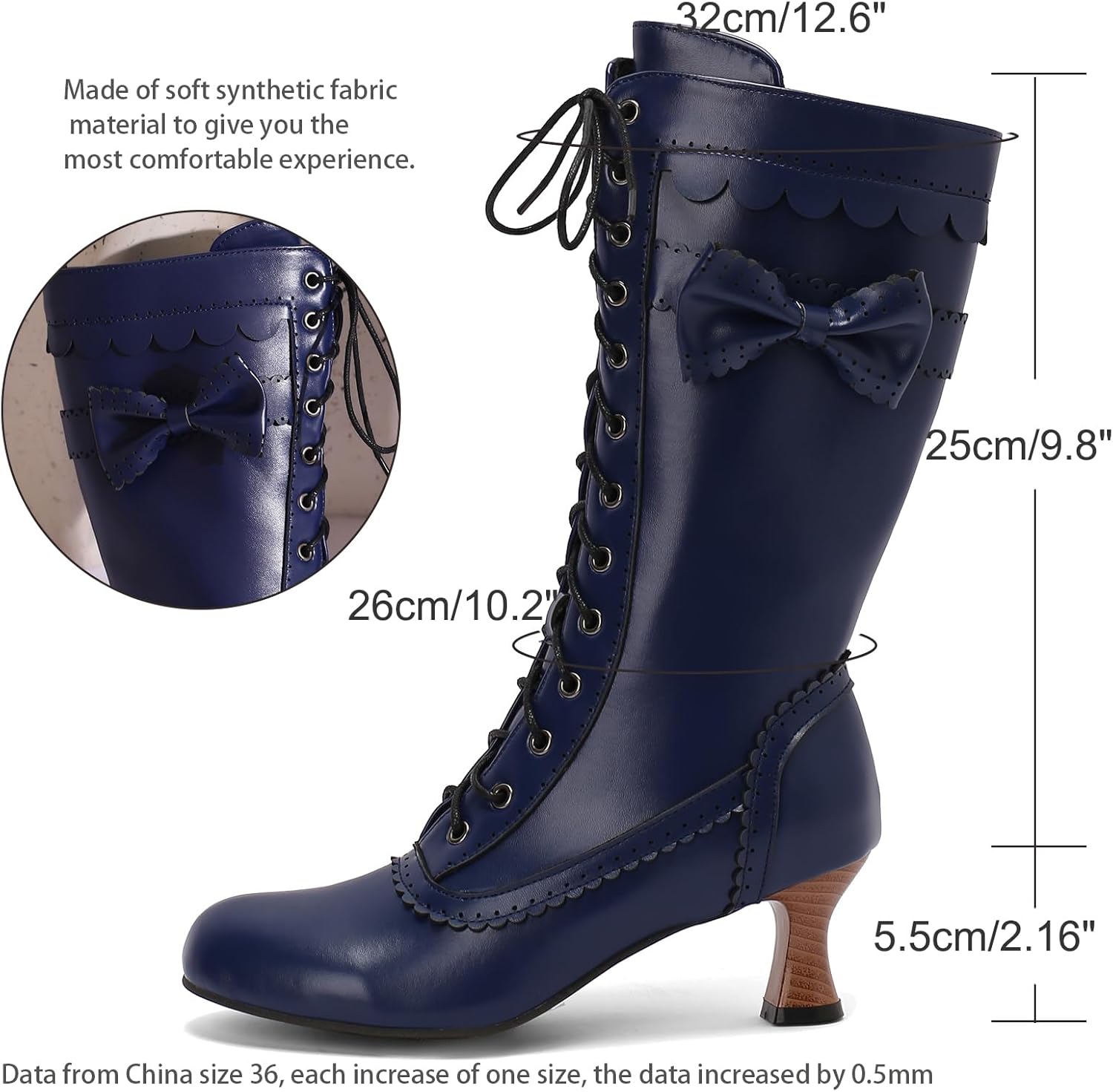 LUXMAX Women Gothic Victorian Boots Low Kitten Heel Mid Calf Boots Lace Up Cute Bow Boots for Ladies Witch Shoes - Image 2