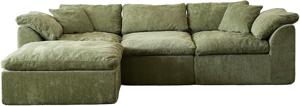Cloud Couch Sectional for Living Room, Modular L Shaped Boneless Sofa with Chaise, Compressed No Assembly Couch, Deep Seat Chenille Upholstered Convertible Sofa Bed Green