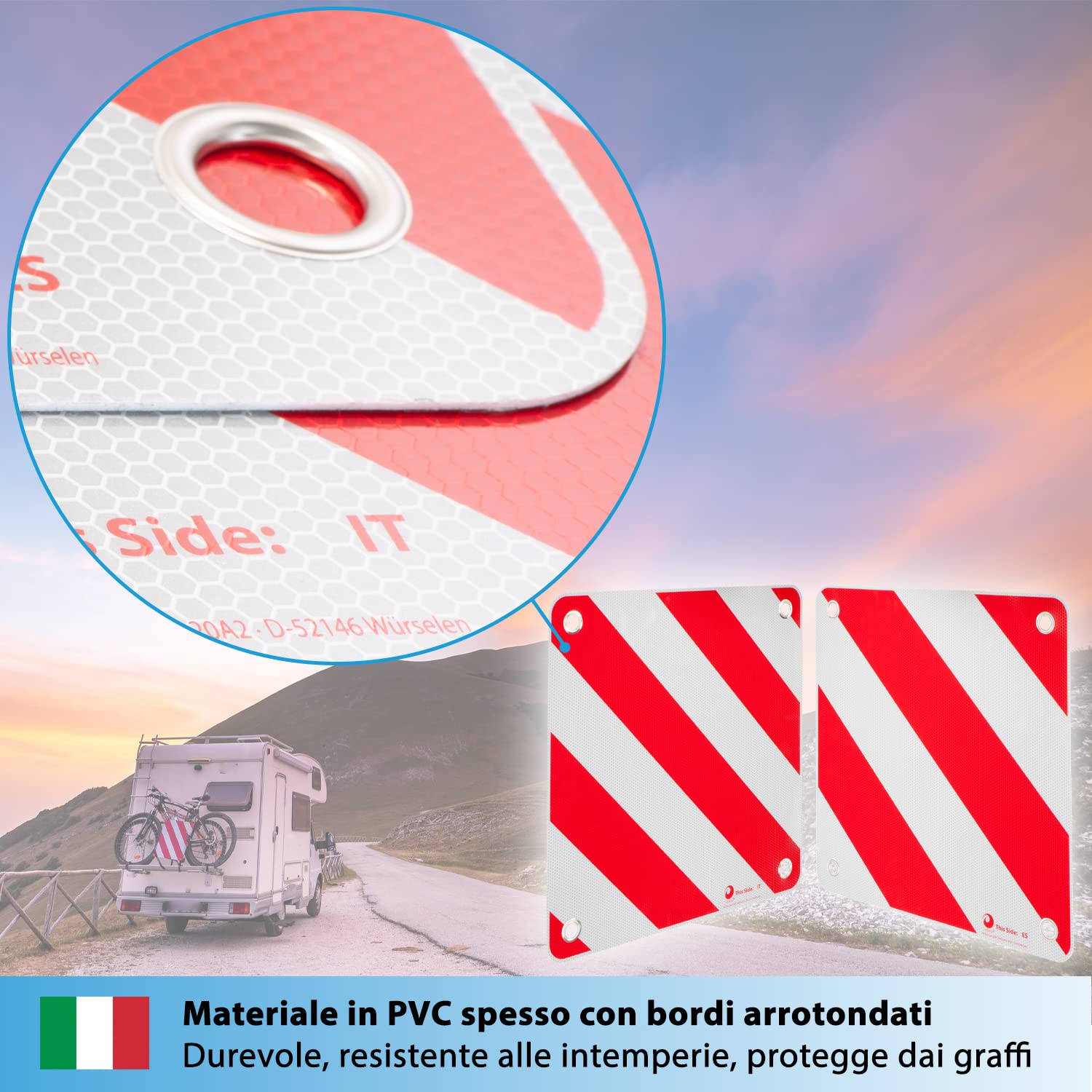 valonic cartello carichi sporgenti - 3in1 per Italia, Spagna e Portogallo - 50x50cm, riflettente, per camper, caravan, portabiciclette, portapacchi posteriore