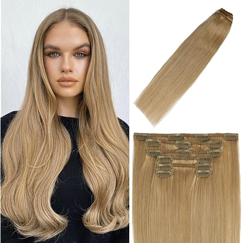 Clip in Hair Extensions Human Hair Honey Blonde 70g #27 22Inch 7PCS