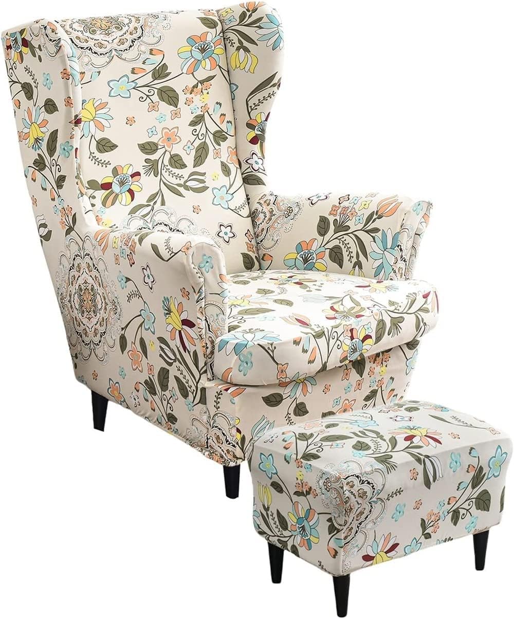 Wing Chair Cover Set, Include 2 Piece Stretch Wingback Chair Slipcover and Ottoman Cover, Removable Machine Washable Armchair Chair Cover for Living Room (#5)