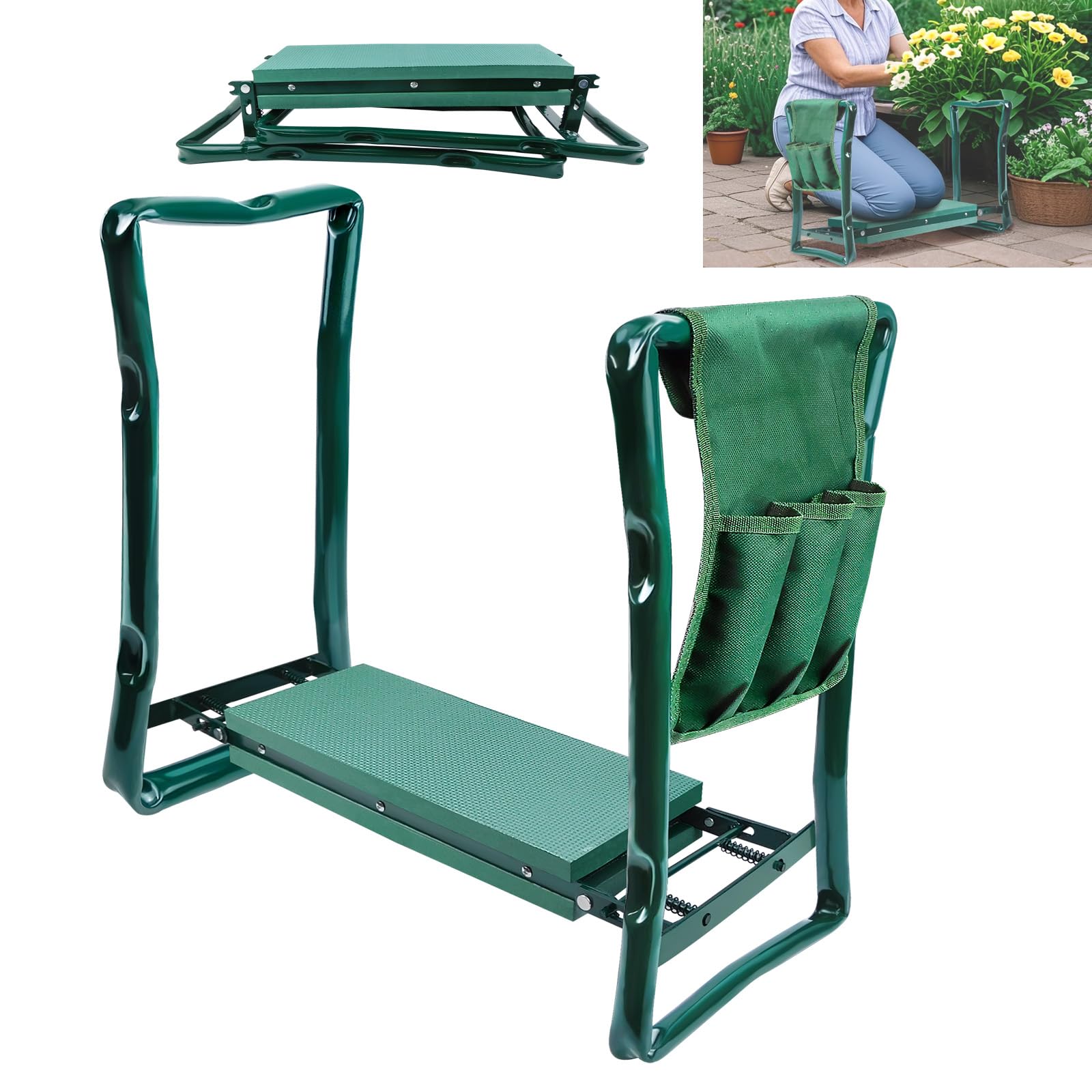 AUTOFU Heavy Duty Garden Kneeler Seat with Handles & Tools Bag - 2 In 1 Multi-Use Foldable EVA Foam Padded Garden Kneeler - Lightweight Portable Kneeling Stool for Gardening - Green