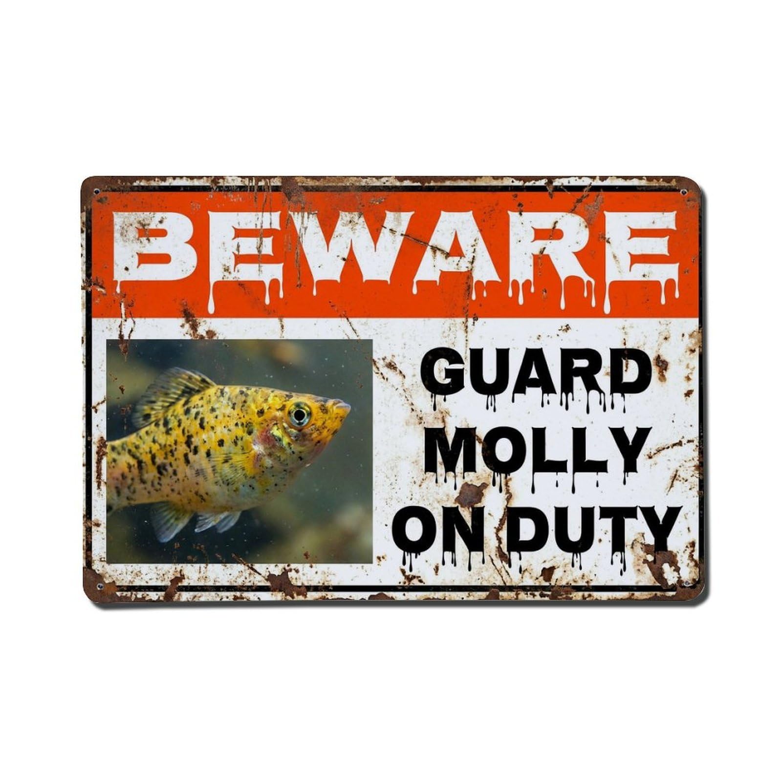 Vintage Funny Molly Guard Beware of Fish Grounds Metal Tin Sign