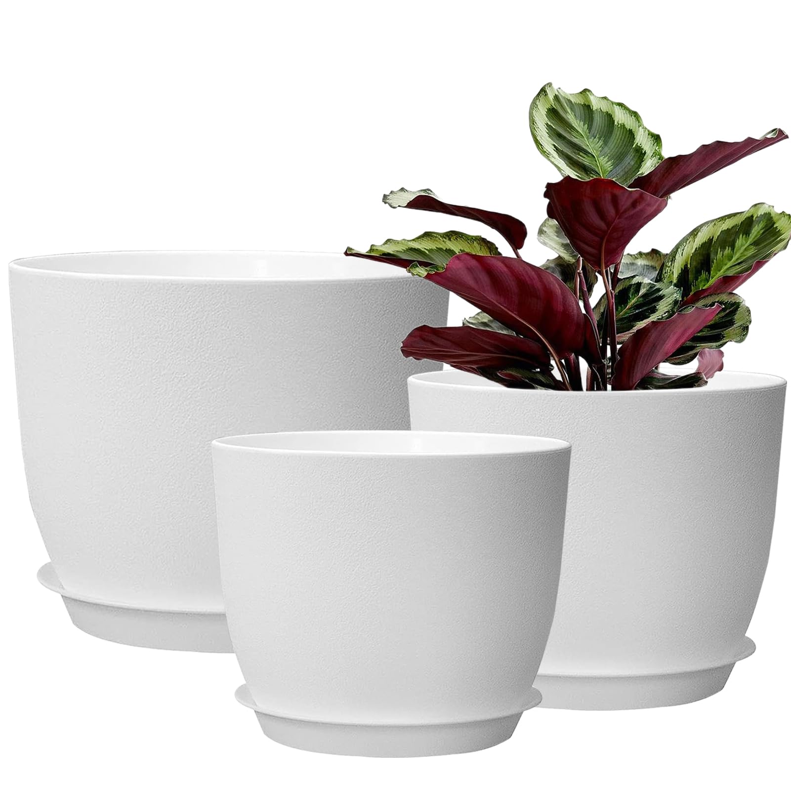 PROFIKLA 30cm, 25cm,23cm Plastic Plant Pots, Pack of 3 Planters, Large Plant Pots with Drainage Holes and Saucers, Modern Decorative Flower Pots, White