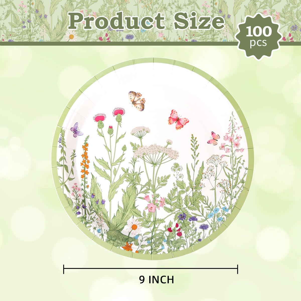 BHHQHH 100pcs Floral Paper Plates 9 inch Wildflower Party Plates Disposable Spring Summer Dinner Paper Plate for Birthday Wedding Baby Shower Tea Party Bridal Shower
