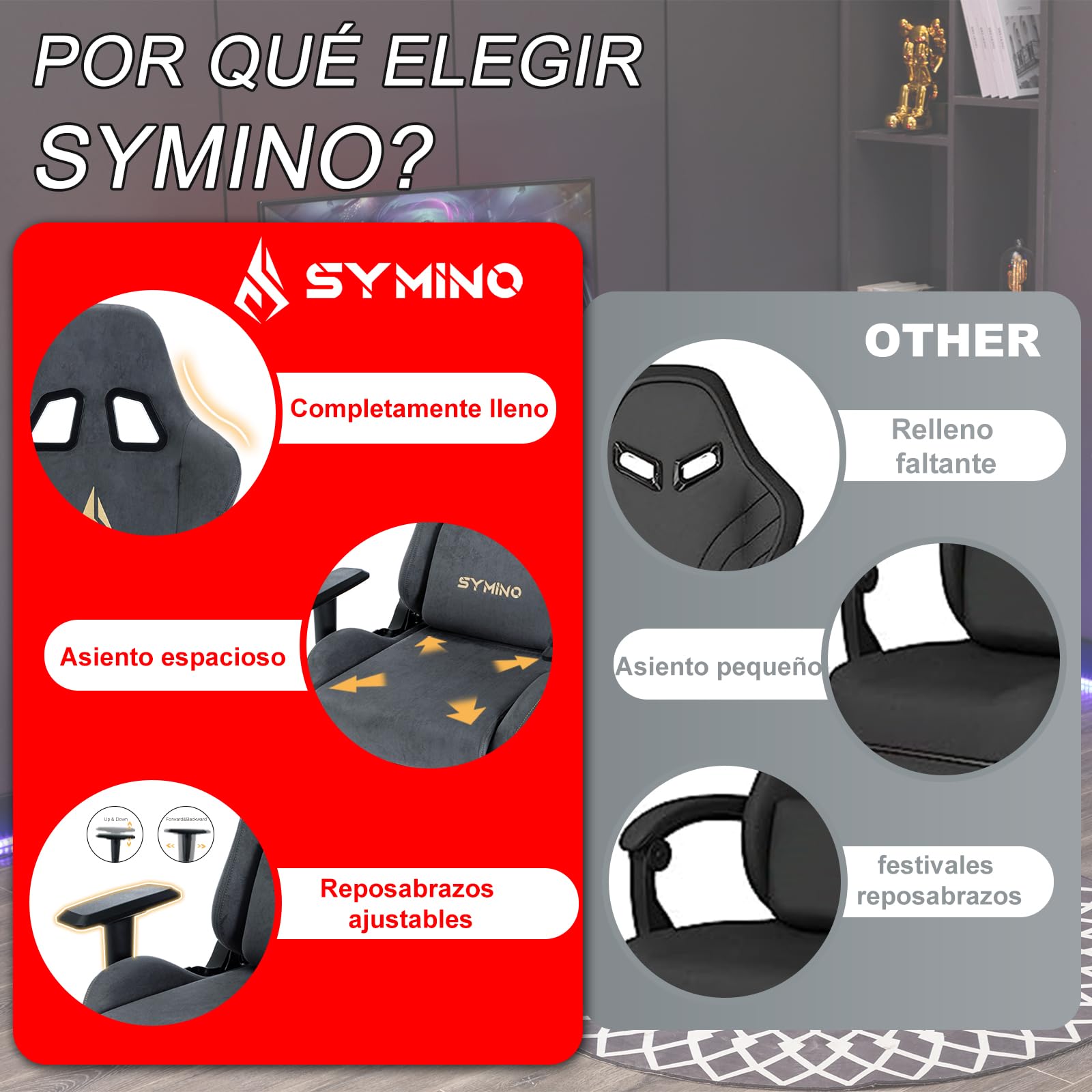 Symino Silla Gaming Ergonómica Reclinable con Reposapiés Ajustable, Soporte Lumbar y Reposacabezas Regulable, Altura Ajustable para Adultos hasta 200kg (Gamuza Artificial,Grey)