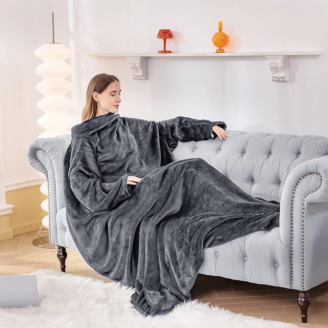 Aisbo Wearable Blanket with Sleeves - Warm Fleece Blanket with Arms Snuggle Blanket for Adult Mens, Blanket with Foot Pocket Women Gift for her, Grey, 170x200cm