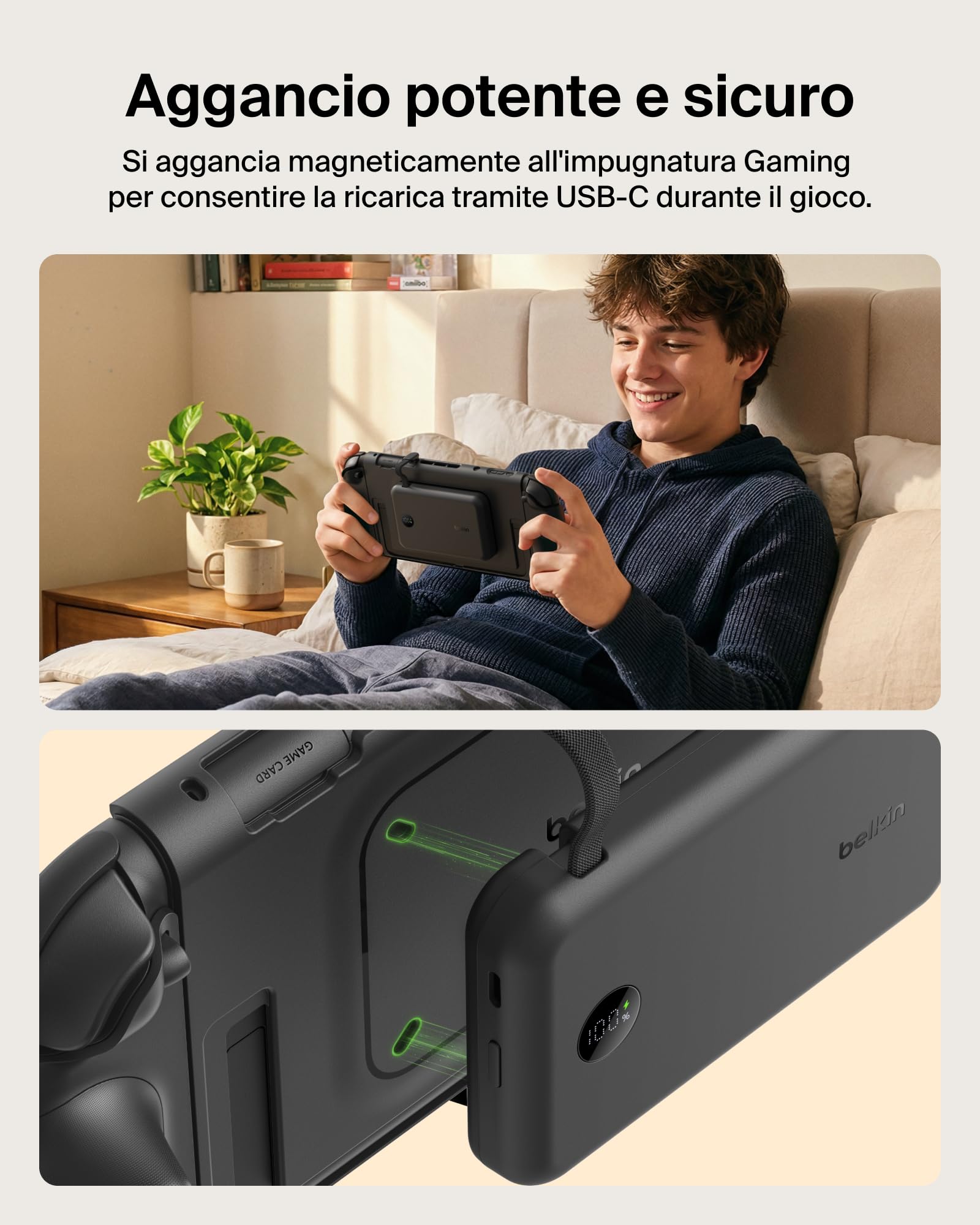 Belkin Gaming Impugnatura Ricarica Nintendo Switch 2, Power bank 10K, Nero | Caricatore Portatile 10000mAh, 30W, Caricatore Magnetico, Compatibilità Supporto, Maniglia Antiscivolo Ergonomica, Display