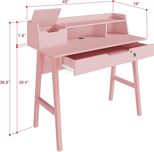Miniatura 2 de Crafts and Comfort - Escritorio Pequeño Roma de Diseño Moderno para Dormitorio, Escritorio de Escritura Rosa de 40 Pulgadas con Estante Superior y