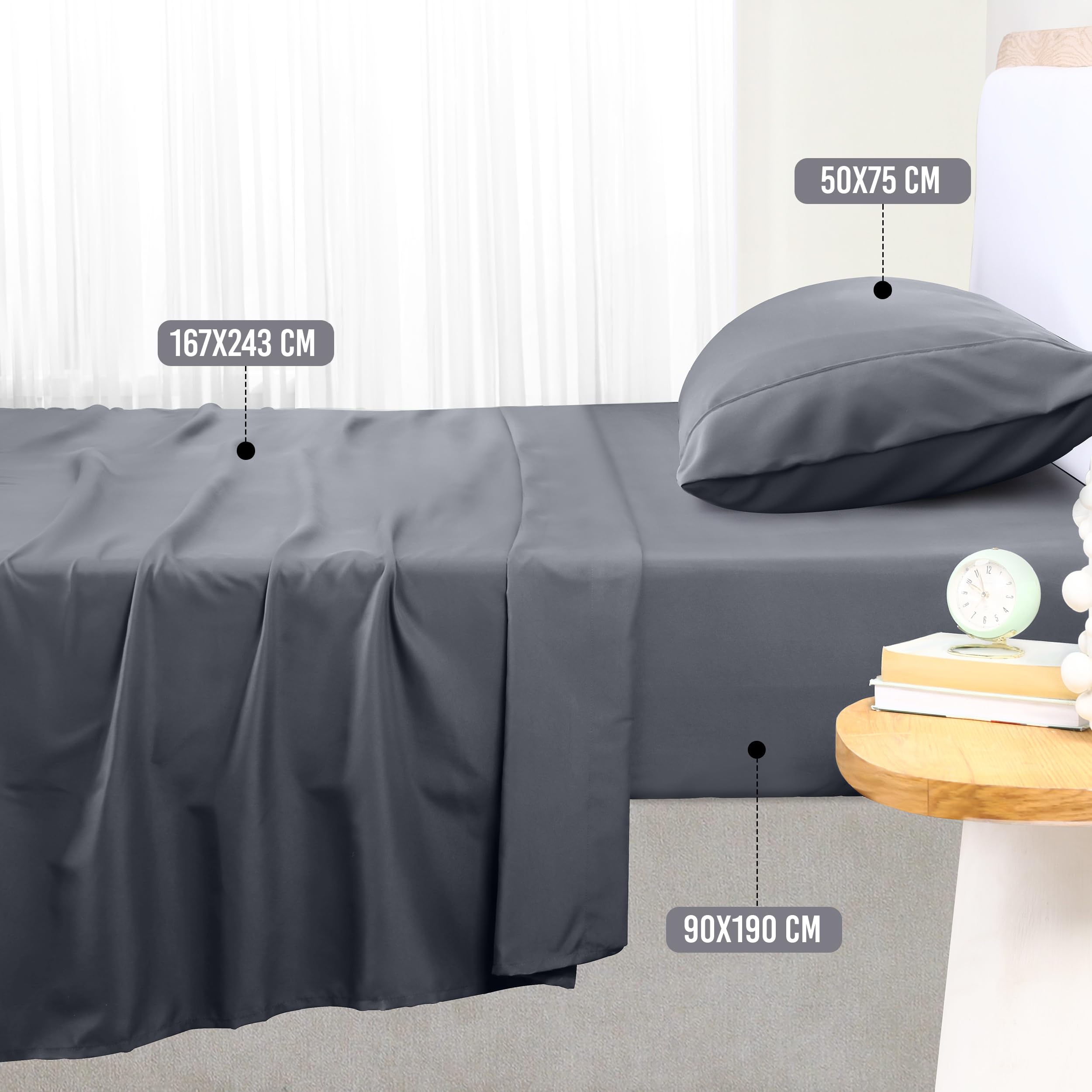 Utopia Bedding - Set Lenzuola Letto Singolo 3 Pezzi 90x190 cm - Spazzolata Poliestre di Microfibra - Oeko-Tex Certificato - Lenzuolo con Angoli, Lenzuolo Piatto e 1 Federa 50x75, Grigio