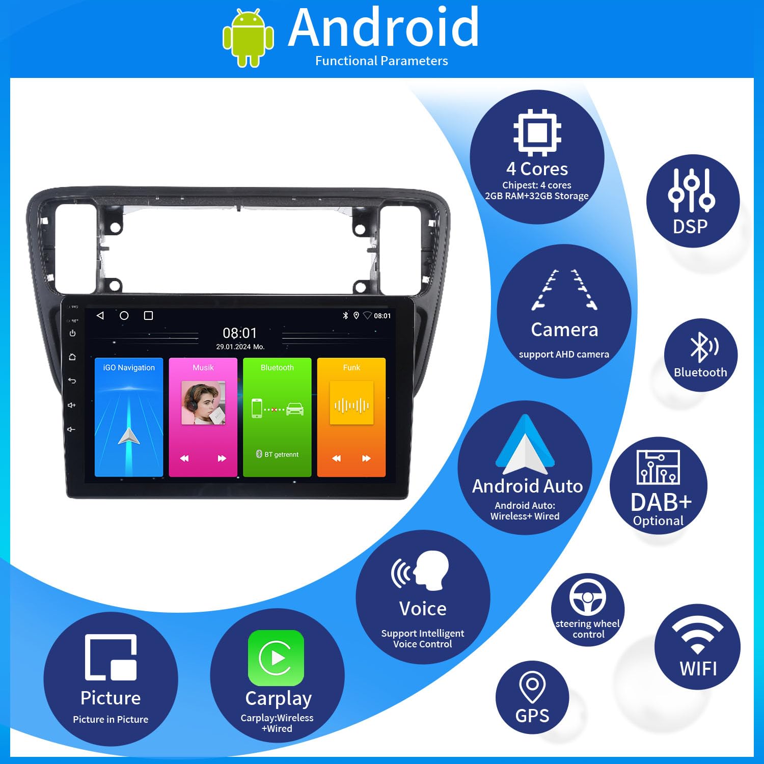 9" HD Android Auto GPS Radio Navigator Carplay Replacement for Skoda Citigo E-Citigo AA NF1 NE1 RCD215 Replacement for VW Load UP 121 122 123 BL1 BL2 BL3 mit GPS Bluetooth FM USB RDS TPMS SWC DAB DVR