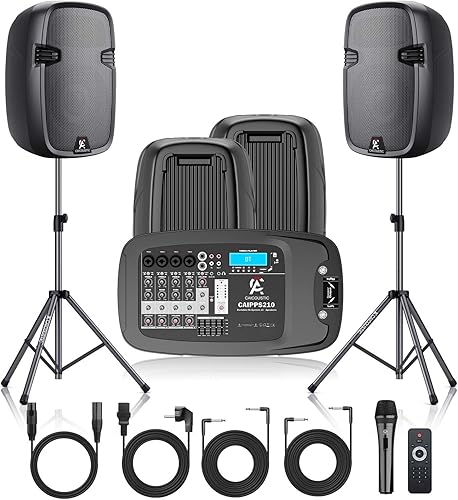 Sistema PA portátil de 8 canales con Bluetooth, micrófono, 2 soportes para altavoces, USB, efectos de reverberaciónretardo, perfecto para eventos al