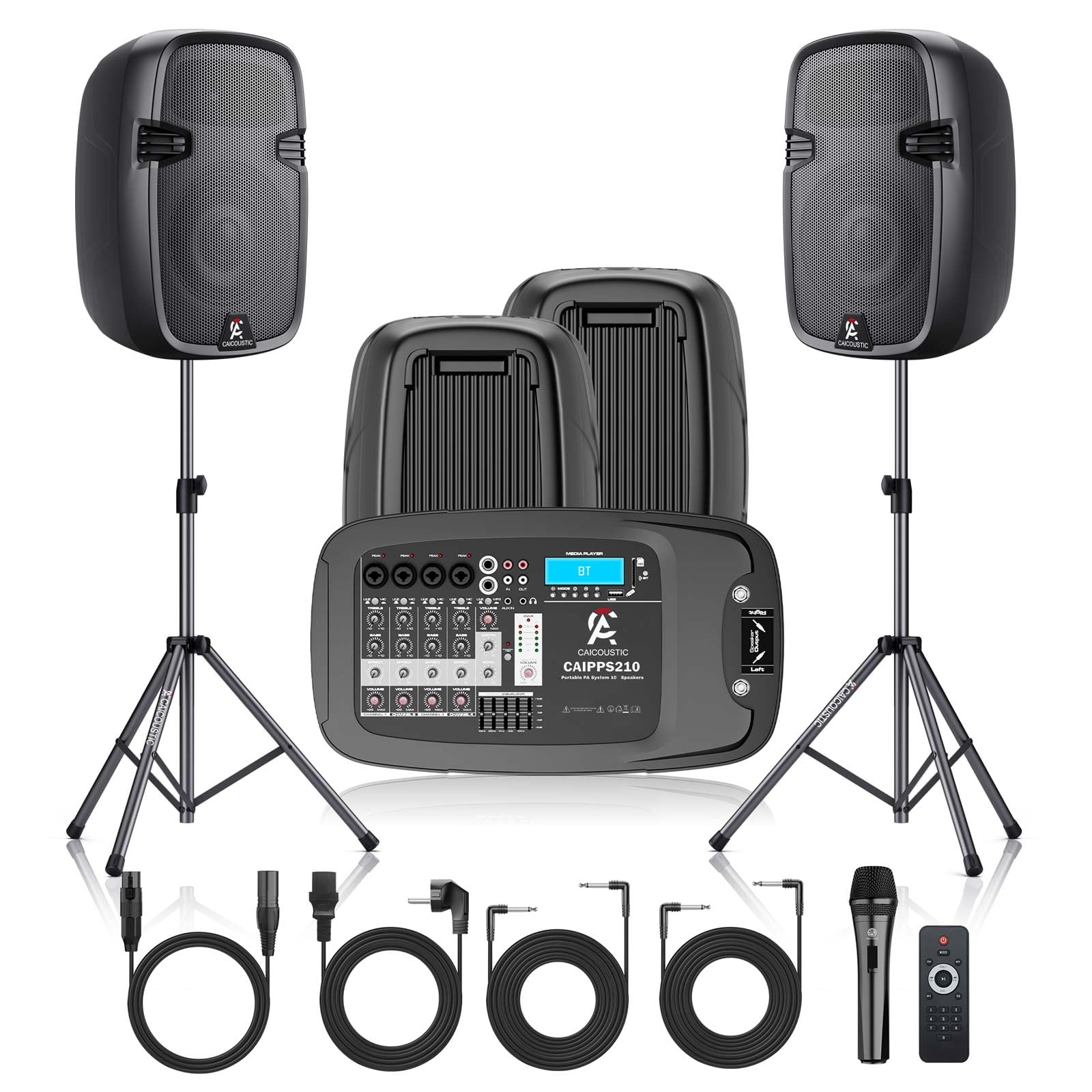 8-Channel Portable PA System with Bluetooth, Microphone, 2 Speaker Stands, USB, Reverb/Delay Effects - Perfect for Outdoor Events, Parties, Weddings, Church Services (2 x 10 Woofers)