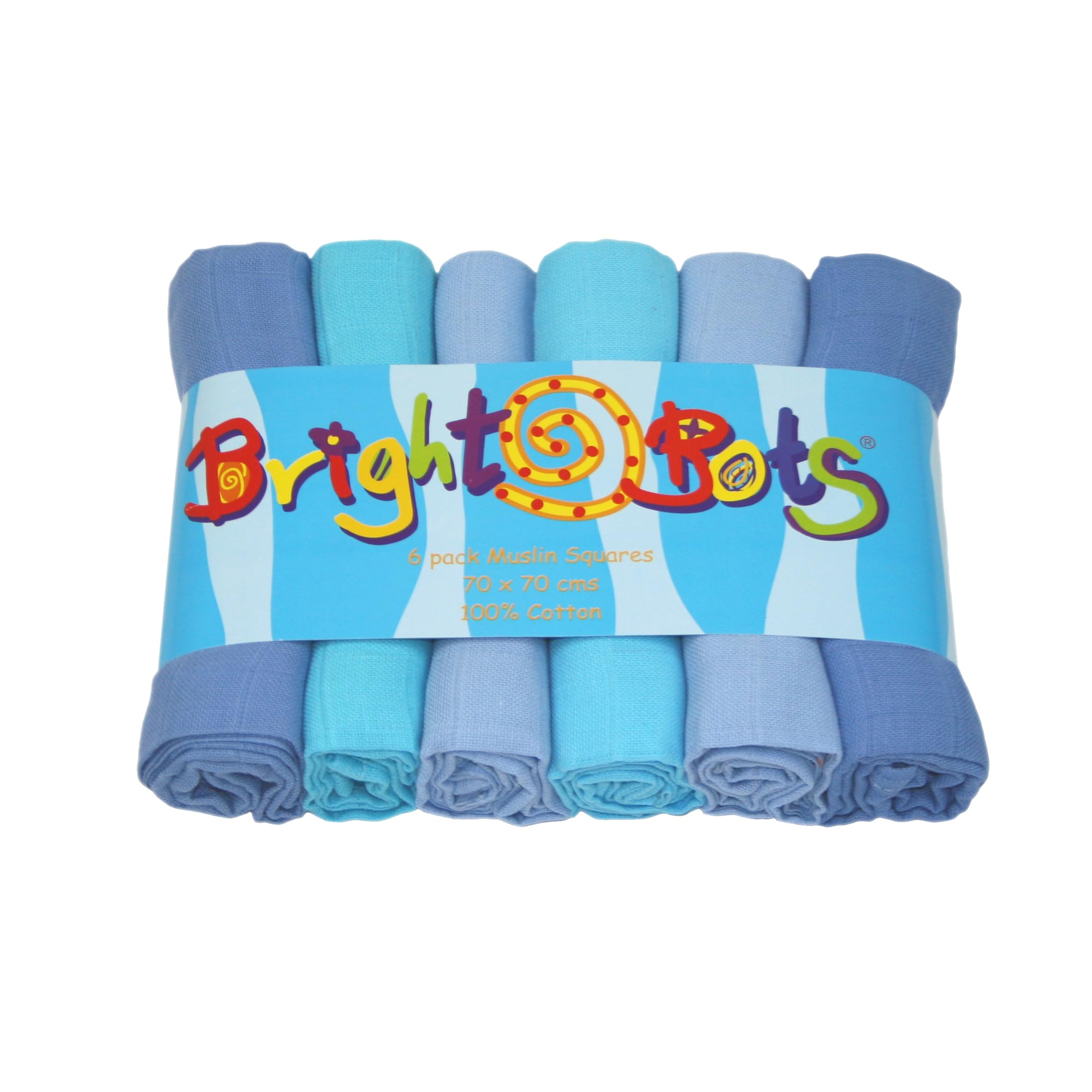 Bright Bots Baby Muslin Squares Burp Cloths Absorbent and Breathable Muslin Cloths Pure Soft 100% Cotton 6 Pack - 70cms (Blue Combo)