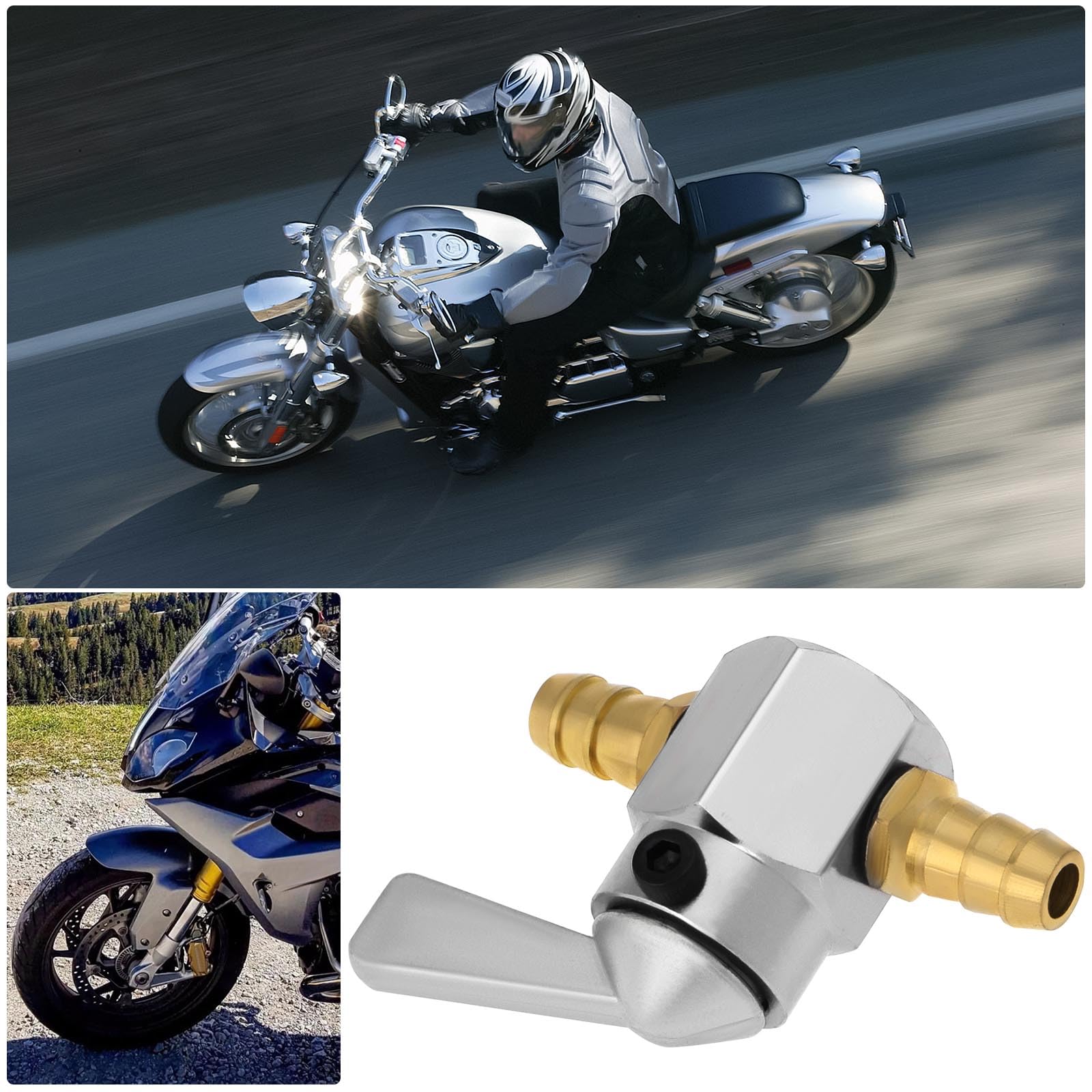 1 x metalowy zawór paliwowy 8 mm do motocykla, ATV, skutera, kran paliwa, zawór paliwa, kran paliwa, srebrny zawór paliwowy