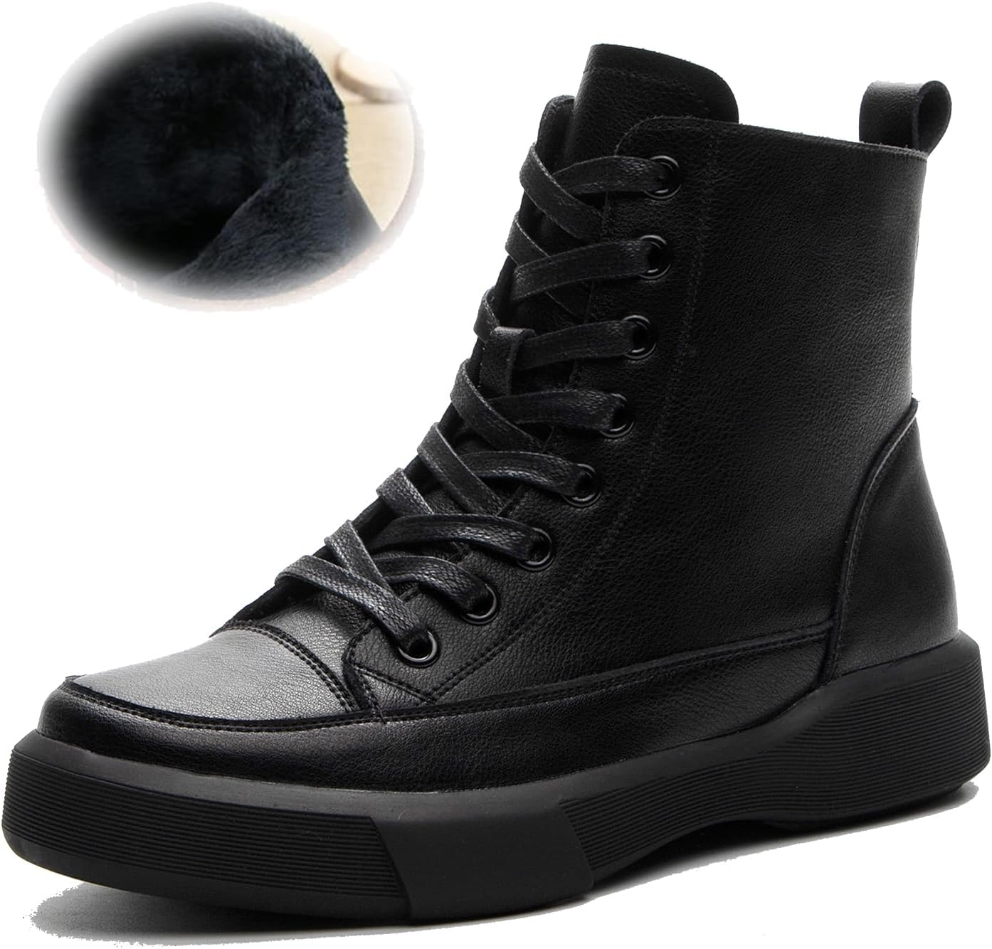 Womens Genuine Leather Lace Up Side Zipper High-Top Ankle Boots Retro Round Toe Platform Adds Height Fashion Combat Booties