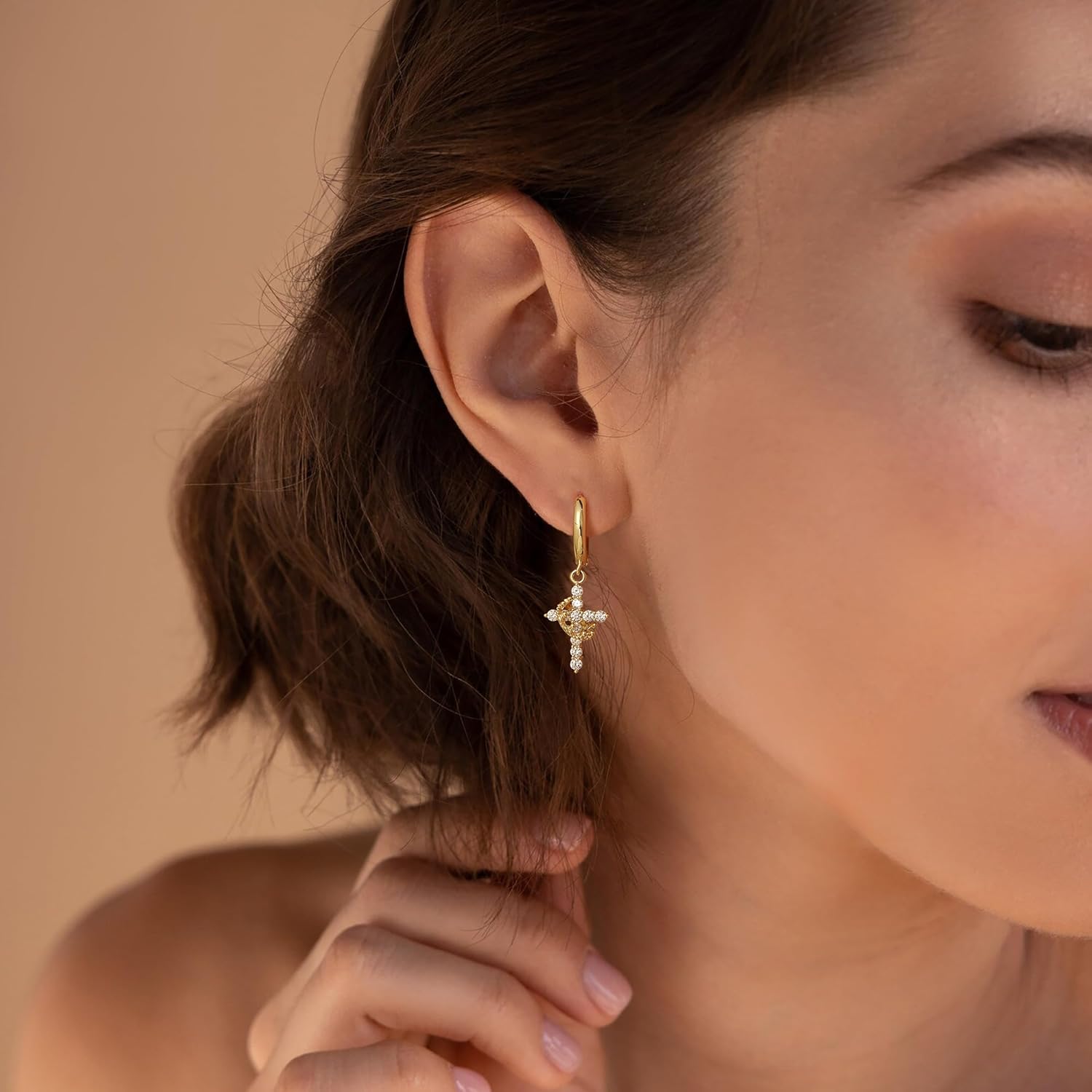 Gold Crown Cross Earrings for Women - 14K Gold Plated Huggie Hoop Earrings with CZ Diamond Cross Charm Dangle, Religious Christian Jewelry Gifts for Her - Image 2