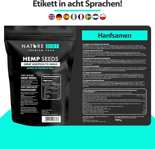 Nature Diet Semillas de Cáñamo 1000g | Peladas | Sin Gluten & Veganas | Ricas en Proteínas y Fibra | Fuente de Omega 3 & 6 | Superalimento para una Nutrición Diaria - 2