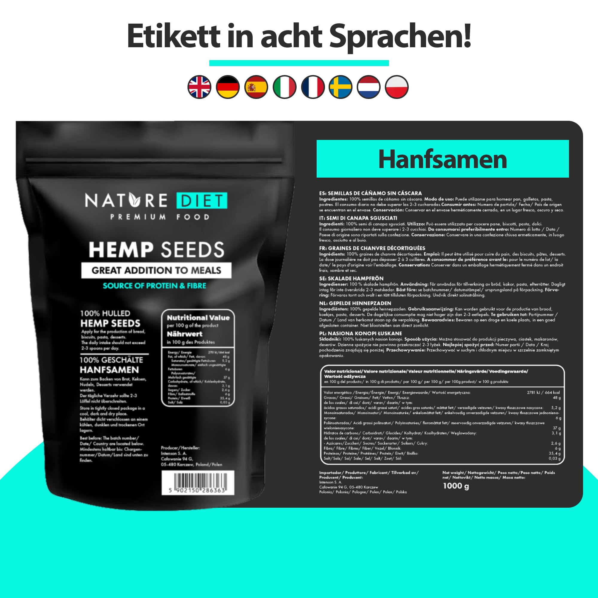 Nature Diet Semillas de Cáñamo 1000g | Peladas | Sin Gluten & Veganas | Ricas en Proteínas y Fibra | Fuente de Omega 3 & 6 | Superalimento para una Nutrición Diaria — view 2