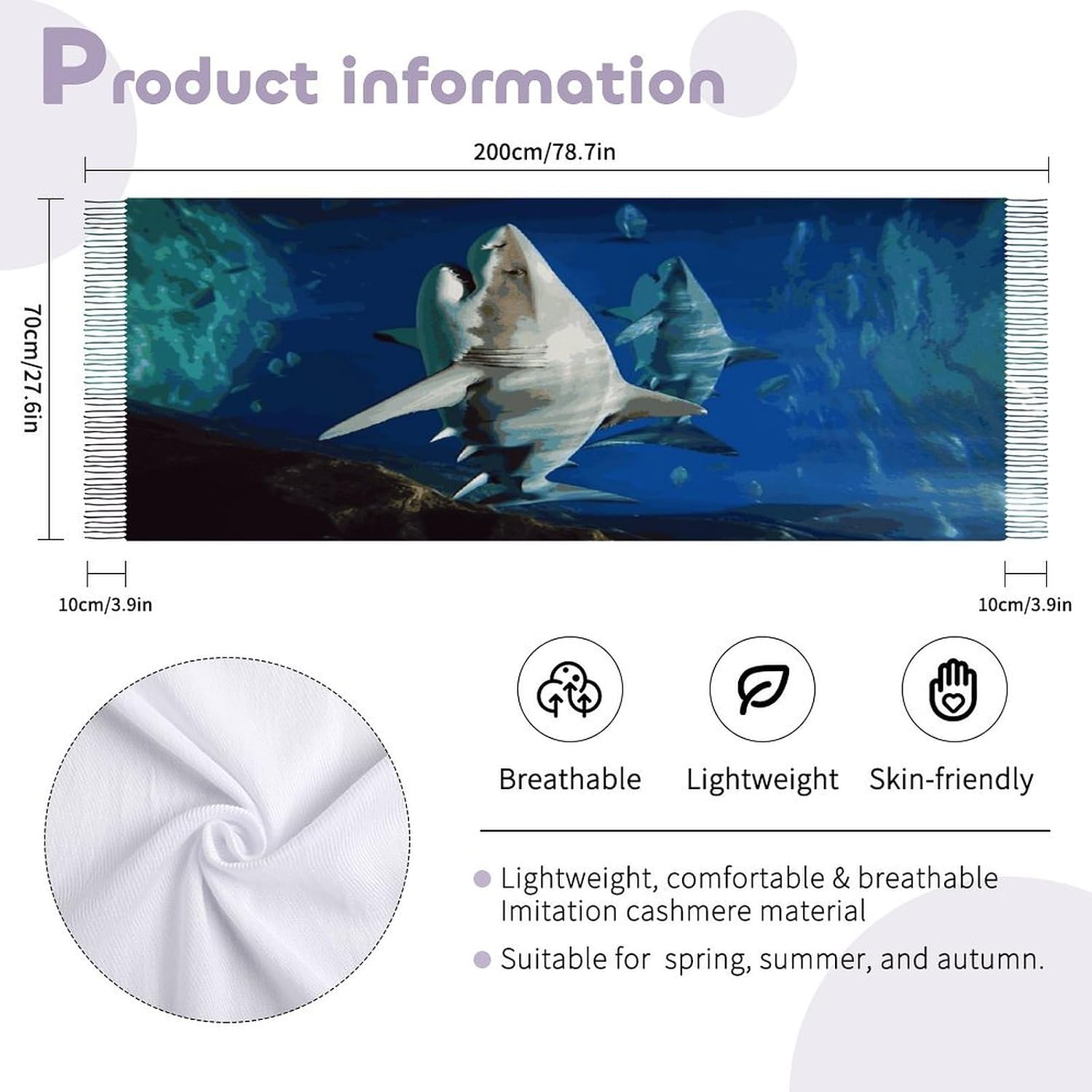 Two White Sharks Scarf for Women Men Soft Warm Fashion Blanket Scarves Classic Cashmere Feel Scarf Long Shawl Large Scarves Cold Weather Thick Blanket Scarfs