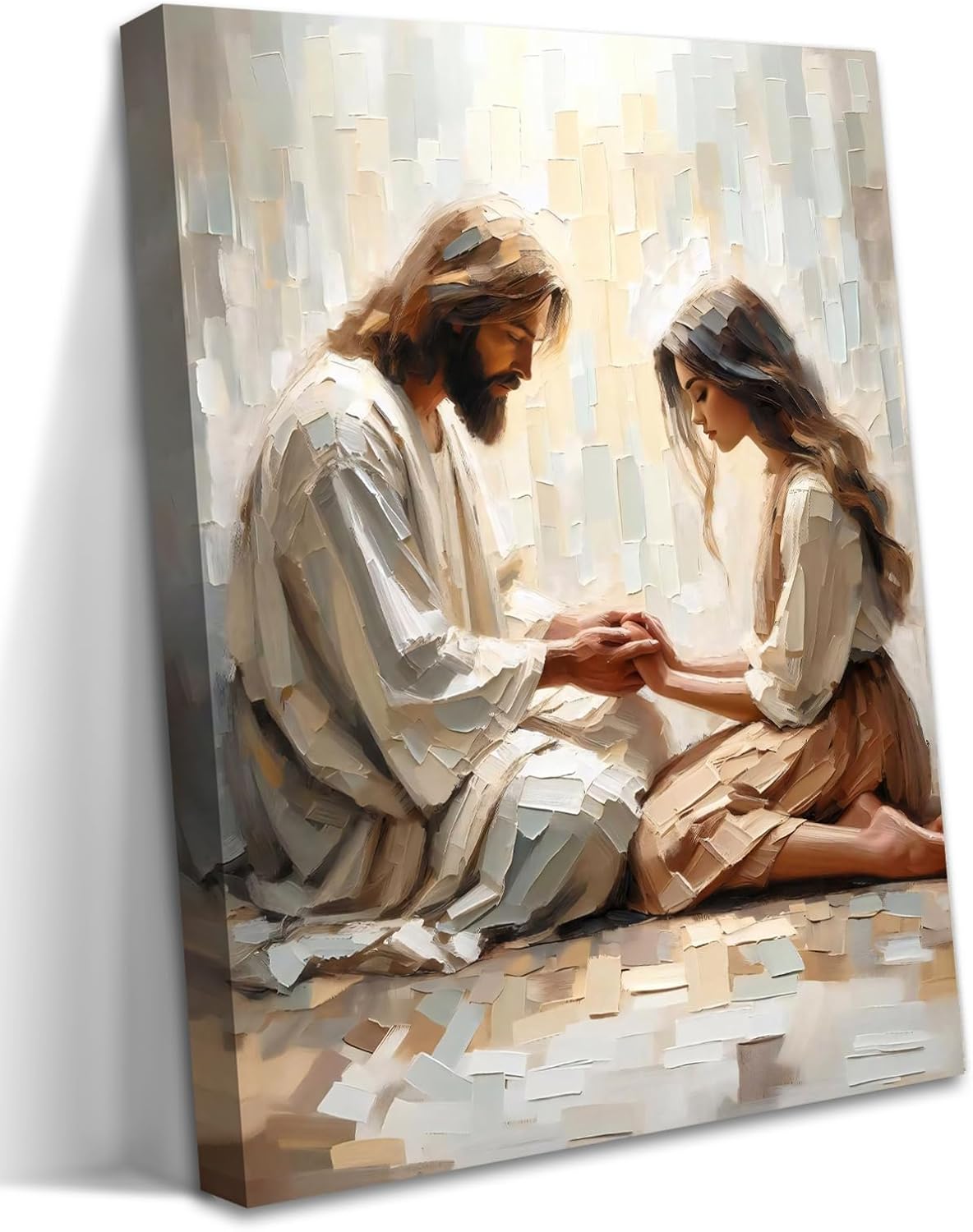 Jesus Christ 3D Textured Wall Art, Christian Sandstone Wall Decor Painting, Jesus and Gril Praying Pictures for Church Prayer Room Living Room Bedroom Home Decor 12x16In Framed White Framed 16L" x 12W"