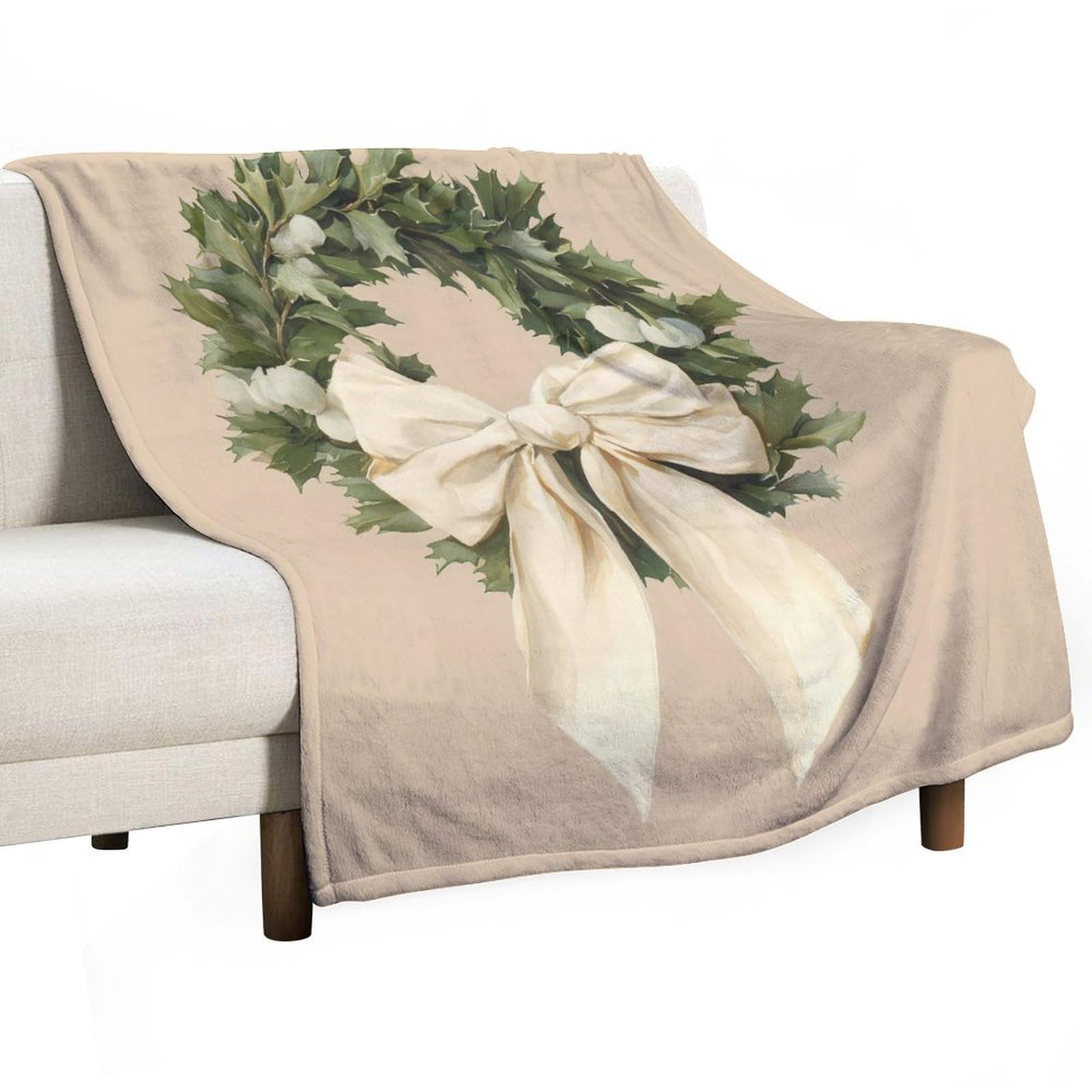 Jubonexis Evergreen Wreath with Cream Velvet Ribbon Bow Anti Pilling Throw Blankets Cozy Durable Blanket for Bedroom Living Rooms Couch Sofa Bed 130x150cm(50x60in)