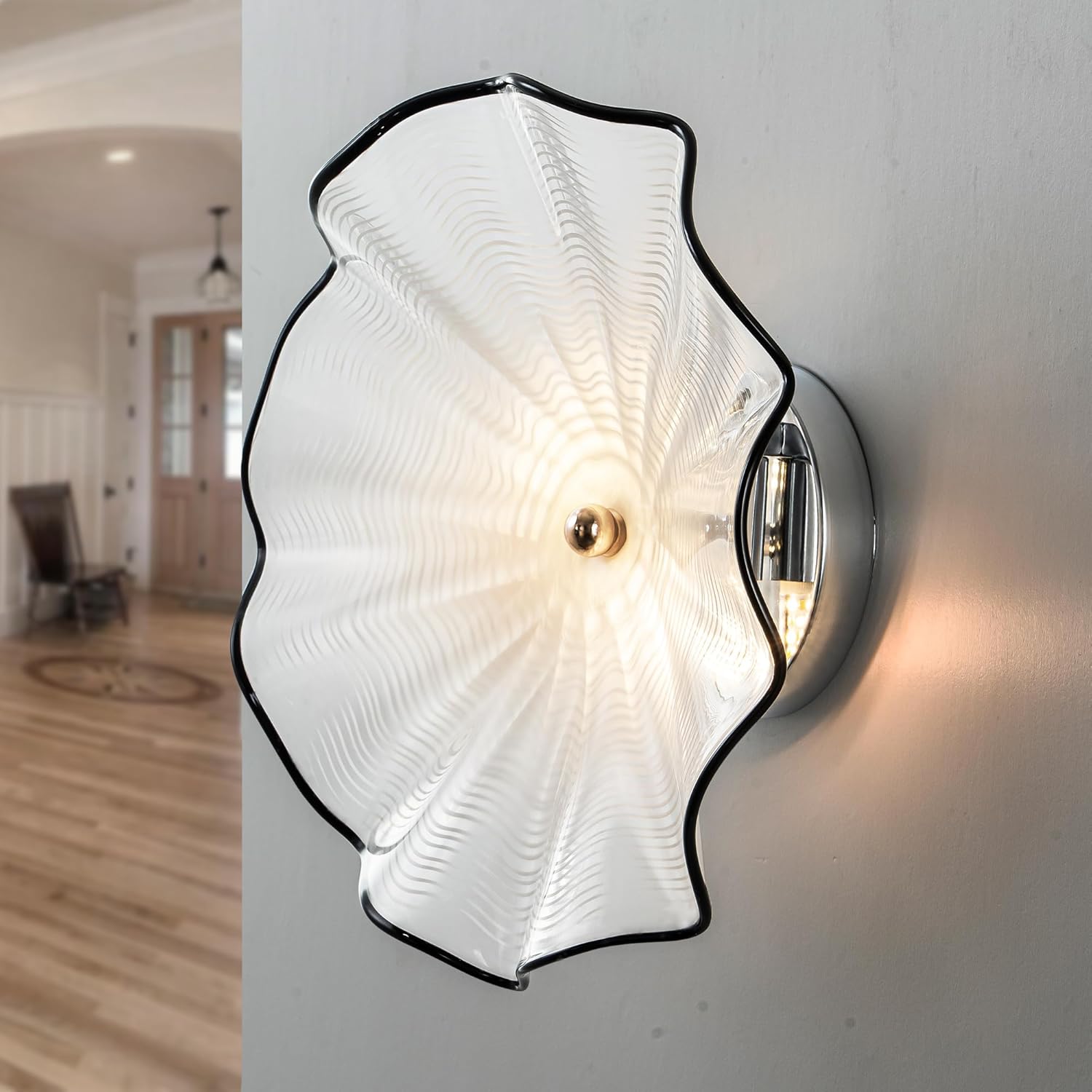 White Glass Wall Sconce Light Fixture Dia 12" Wall Lamp with Murano Glass Shade Vintage Vanity Lighting Fixture With Metal Base Flush Mount Wall 2-Light for Bathroom, Bedroom, Bedside, Entryway