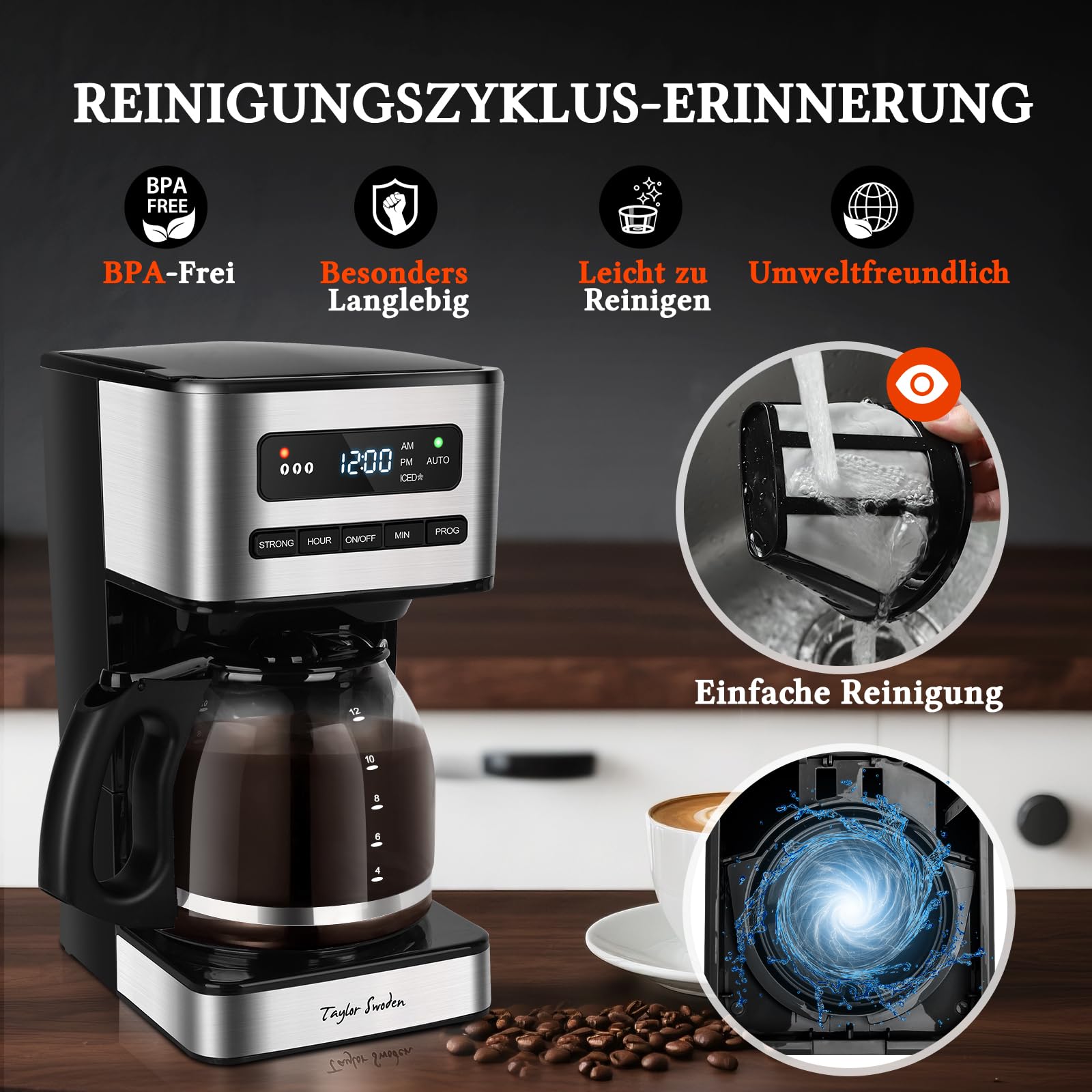 Taylor Swoden Kaffeemaschine 1,8L mit 24H Timer, Eiskaffee-Modus, 3-stufige Stärkeauswahl automatische Reinigung, Filterkaffeemaschine mit Glaskanne & Tropf-Stopp, Wiederverwendbarem Filter, Schwarz