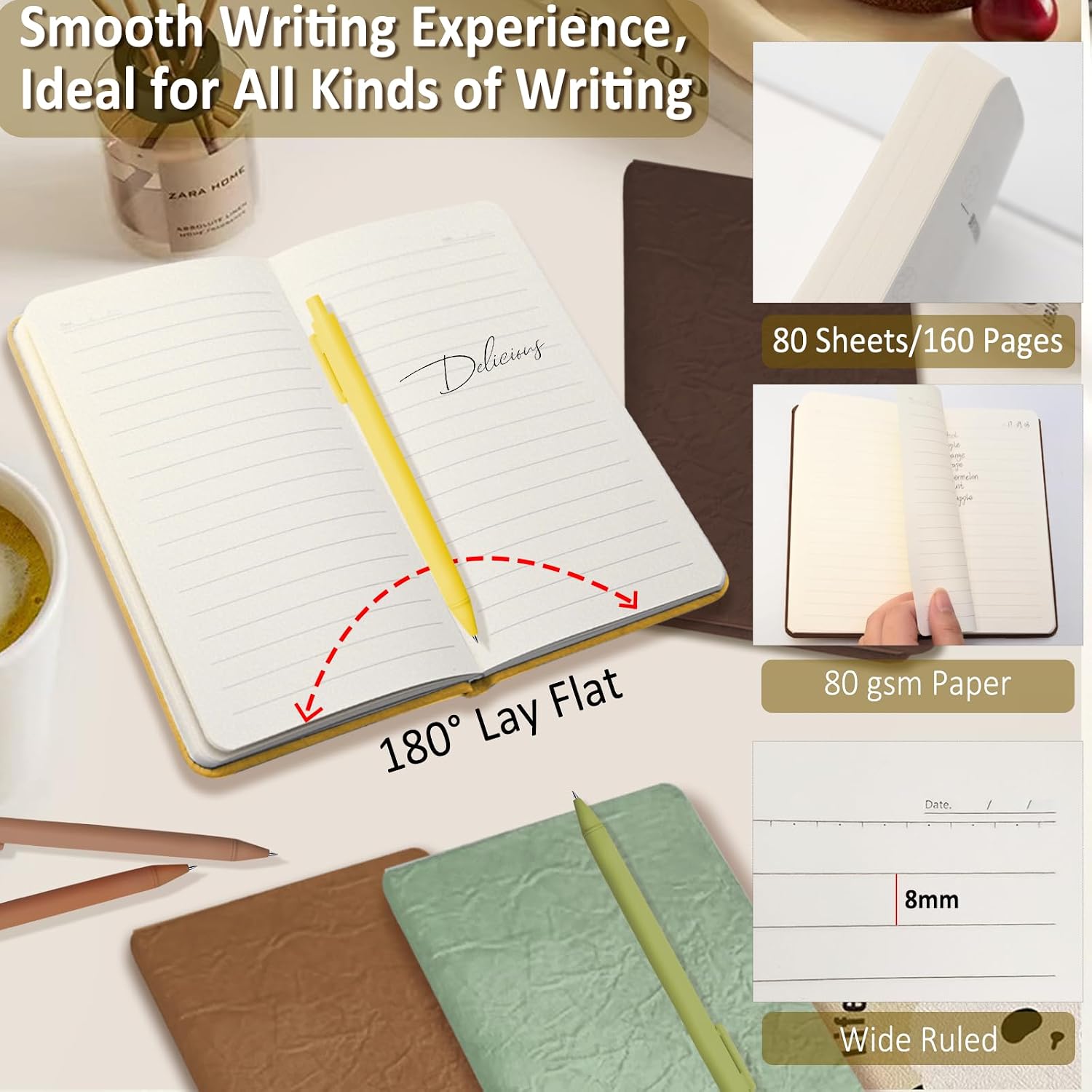 Wrinkle Leather Notebook With Pen, 3.9"x 7.1" 160 Pages A6 Lined Paper | College Ruled Notebook for Writing Note Taking，Hardcover Journal for Office School Business Home Supplies (Dirty Yellow) thumbnail