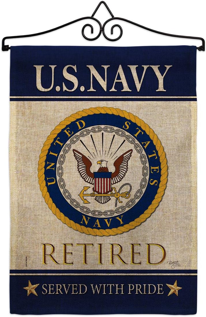 US Navy Retired Garden Flag Set with Stand Armed Forces USN Seabee United State American Military Veteran Retire Official Small Decorative Gift Yard House Banner Double-Sided Made In USA 13 X 18.5