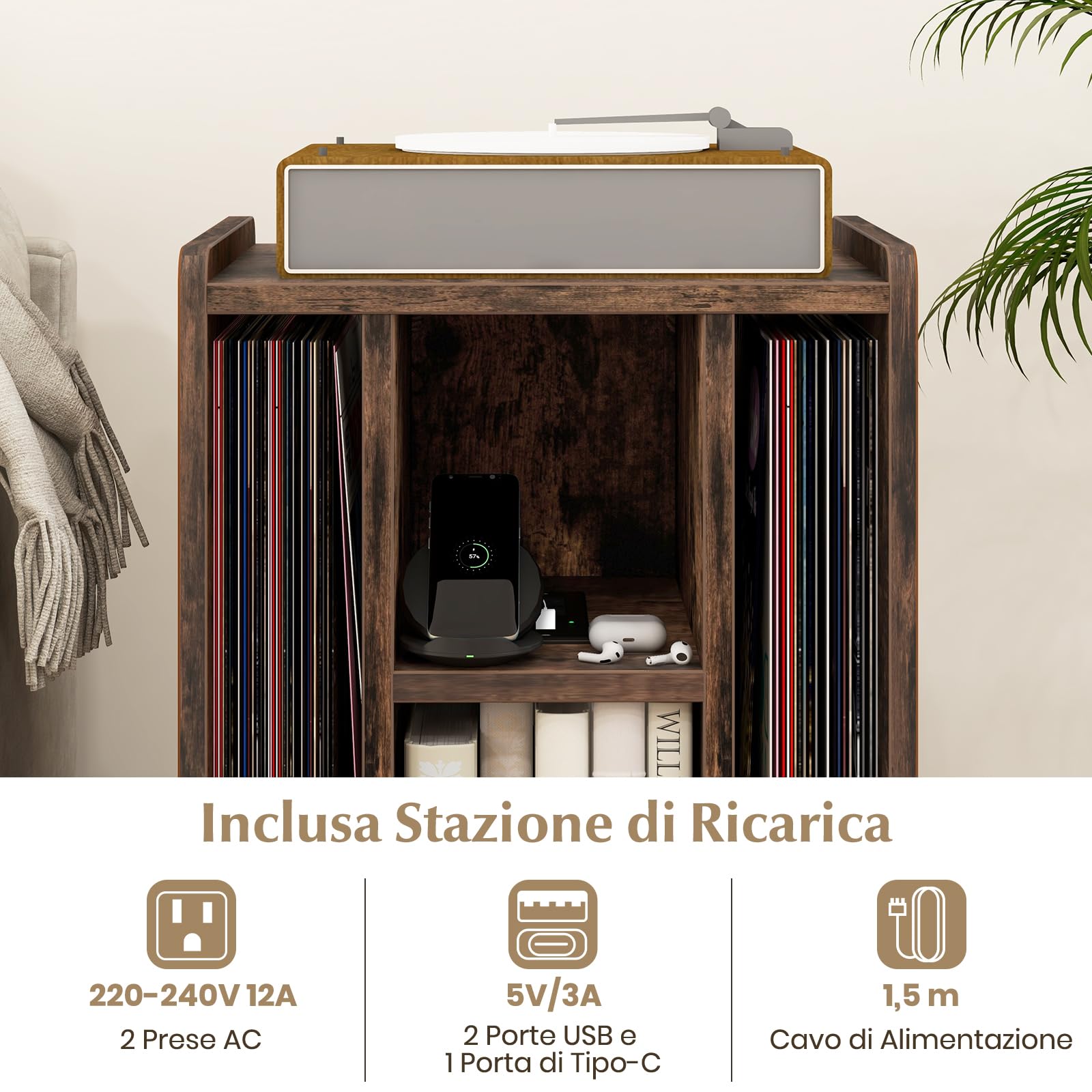 RELAX4LIFE Supporto per Giradischi con Stazione di Ricarica, Porta Vinili con 4 Scomparti Aperti, Espositore per Dischi, Carico Max 90kg per Ufficio, Studio, Camera da Letto (Marrone)