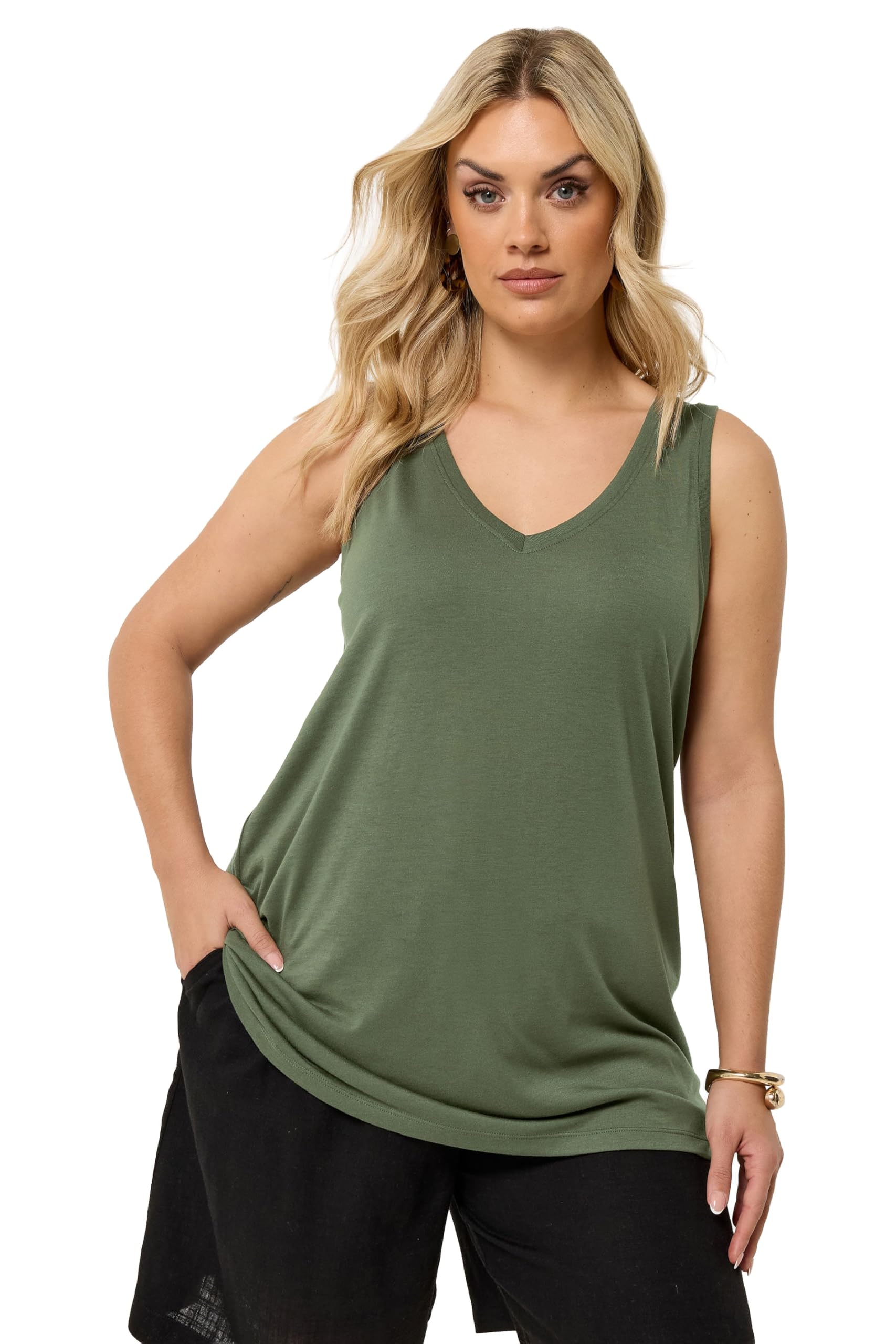 Yours Curve Green V-Neck Basic Vest Top - Women's - Plus Size Curve