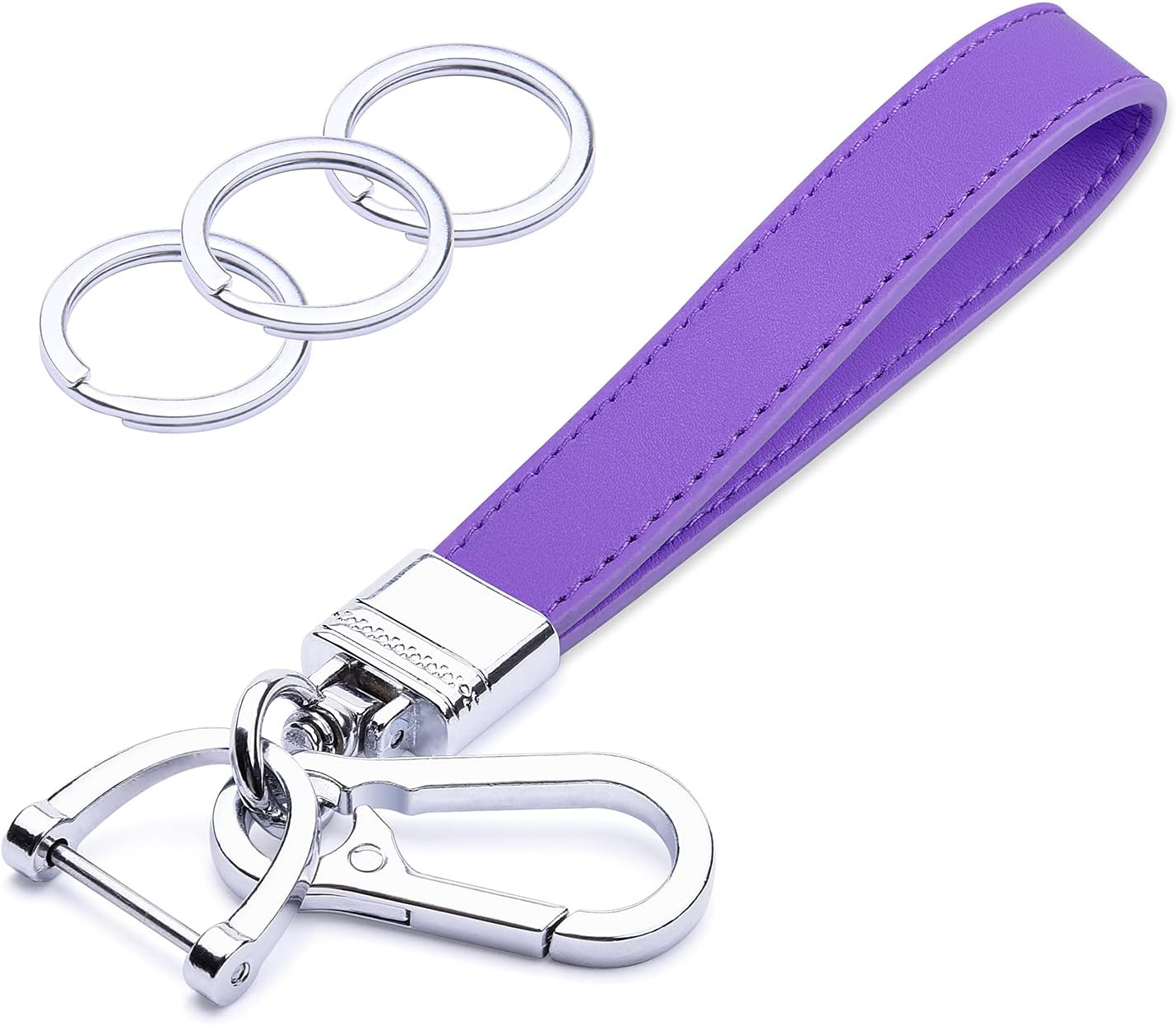 Wisdompro Genuine Leather Car Keychain, Universal Heavy Duty Leather Key FOB Keychain Key Chains Women for Car Keys, 360 Degree Rotation, with Anti-lost D-ring and 3 Keyrings - Purple